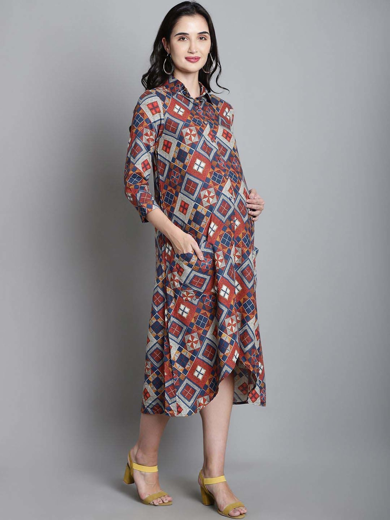 Moms Maternity Maroon Printed Maternity Dress