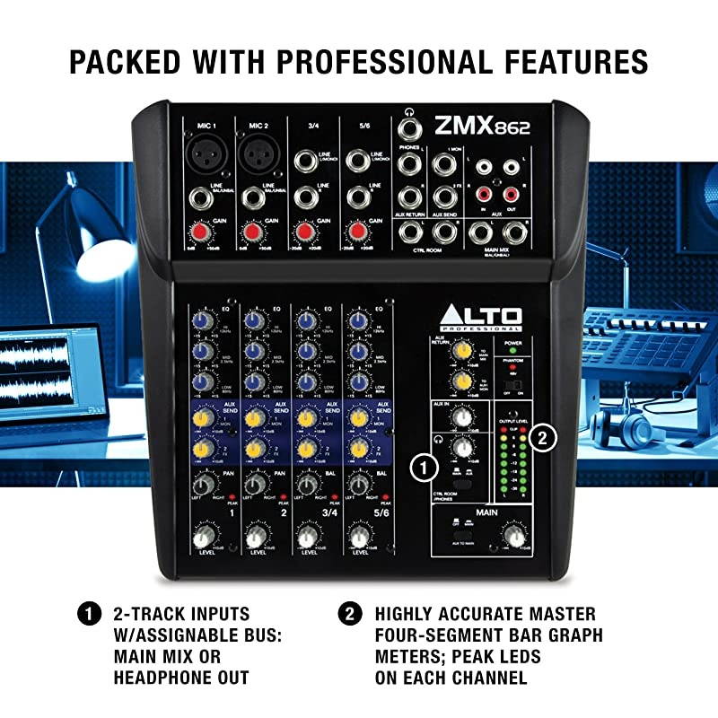 ZMX862 | Studio Quality 6 Channel Compact Audio Mixing Desk with Two XLR Microphone Inputs, Two Stereo Inputs and Two Aux Outputs