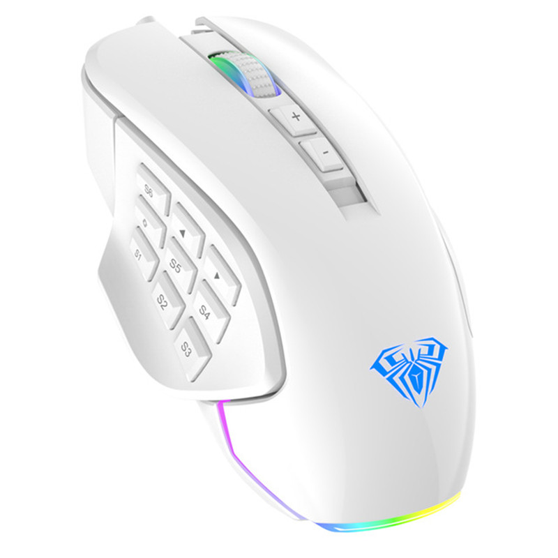 AULA RGB Gaming Mouse with Side Buttons Macro Programming 10000 DPI Adjustable 14 Key Wired USB Backlit Mouse for Desktop Laptop - H510 White