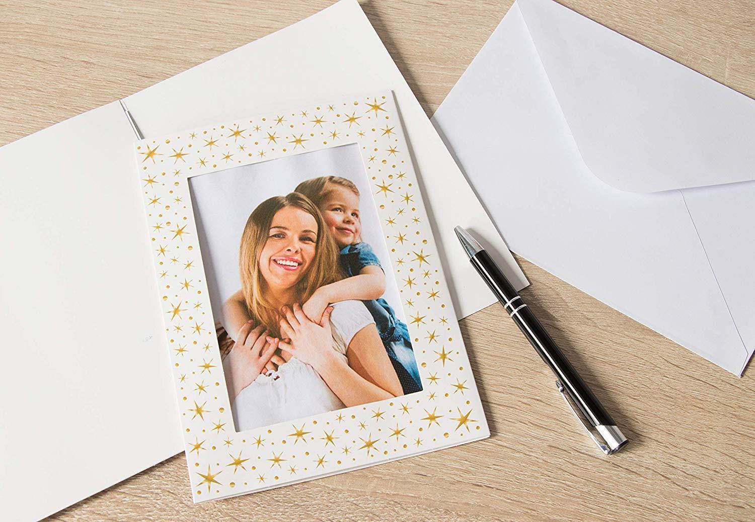 36-Pack Photo Insert Note Cards - Includes Paper Picture Frames Envelopes - Gold Stars Design Photo Mats, Photo Insert Greeting Cards, Holds 5 x 7 Inches Inserts
