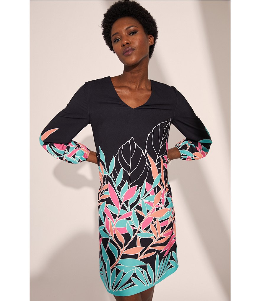 Tahari ASL V-Neck 3/4 Puff Sleeve Leaf Motif Shift Dress