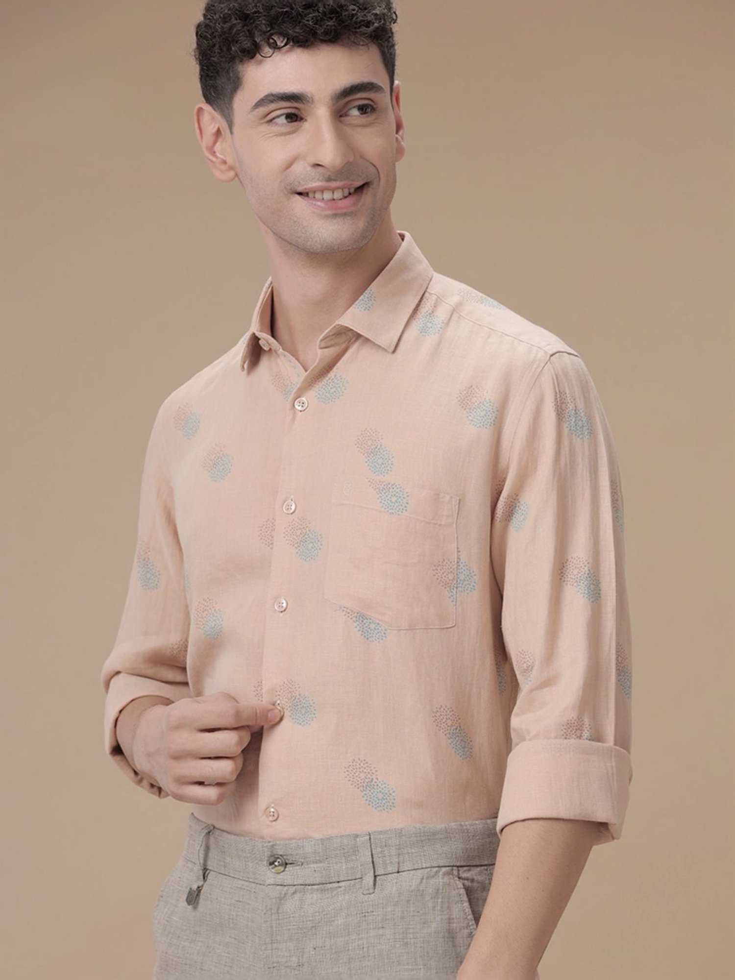 Linen Club Peach Linen Contemporary Fit Printed Shirt