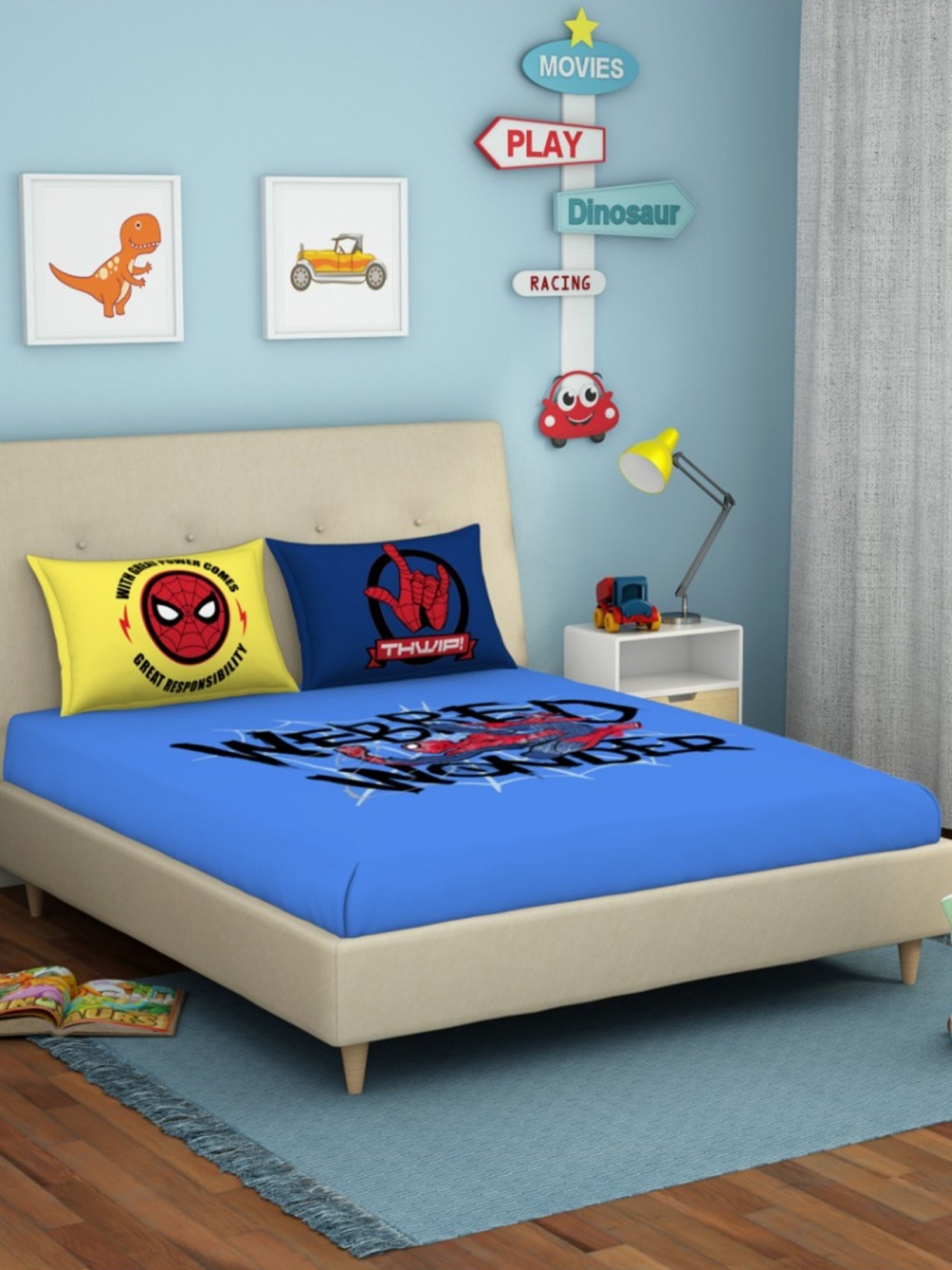 Spaces Character based Blue 180 TC Cotton Queen Bed Sheet with 2 Pillow Covers