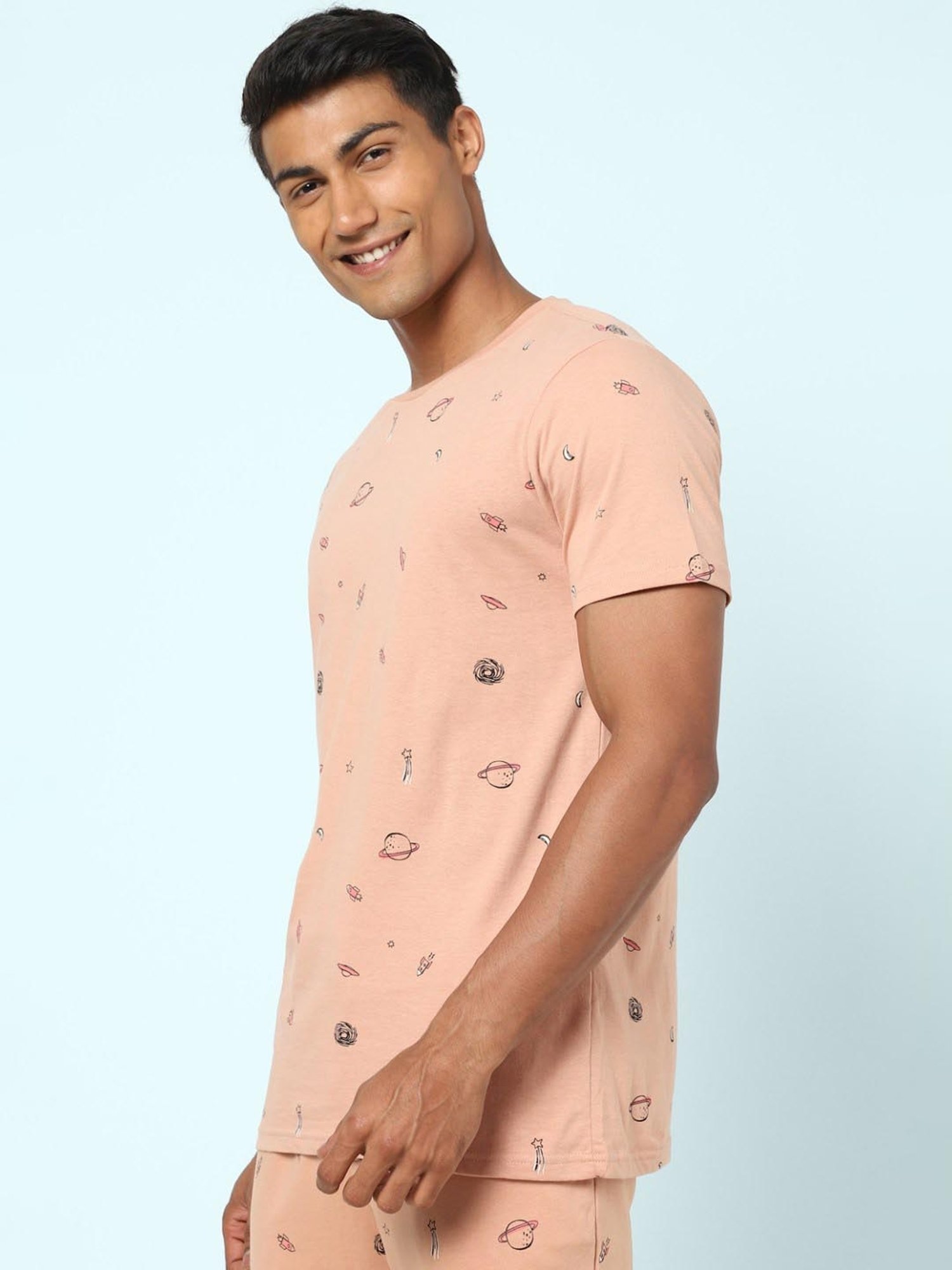 Ajile by Pantaloons Peach Cotton Slim Fit Printed Lounge T-Shirt