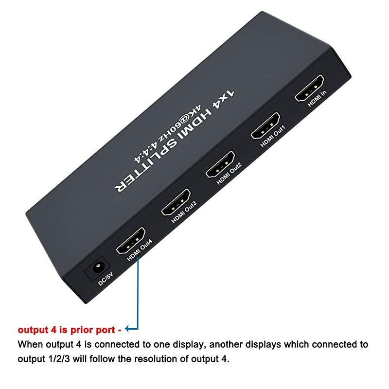 1x4 HDMI Splitter 4K 60hz 4:4:4 HDR 18Gbps HDCP 2.2 EDID 3D 1 in 4 Out HDMI 2.0 High Speed UHD Video Box for Duplicate Multiple Monitor Sharing Computer Screen