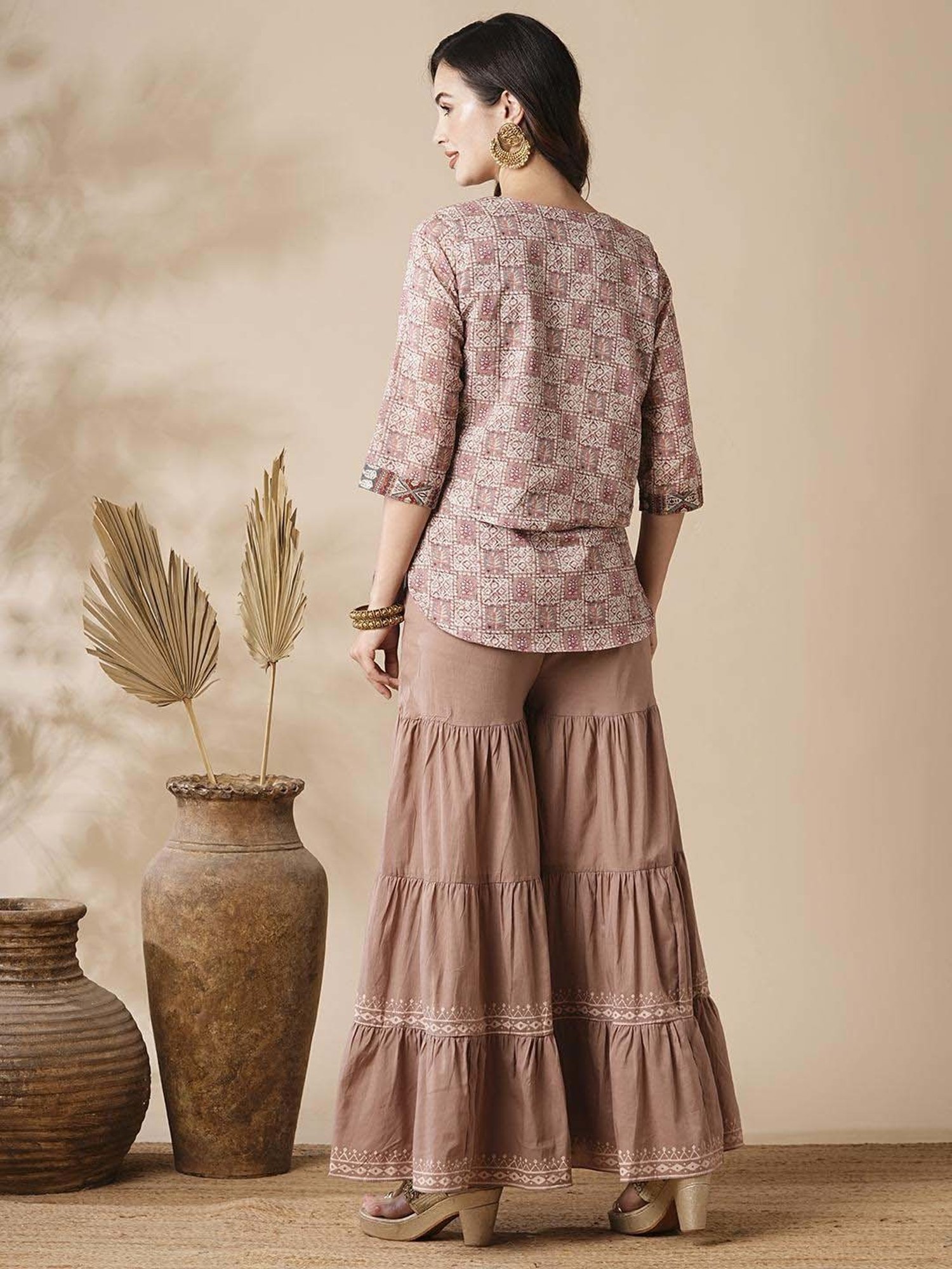 Fashor Beige Cotton Printed Kurti Sharara Set With Jacket