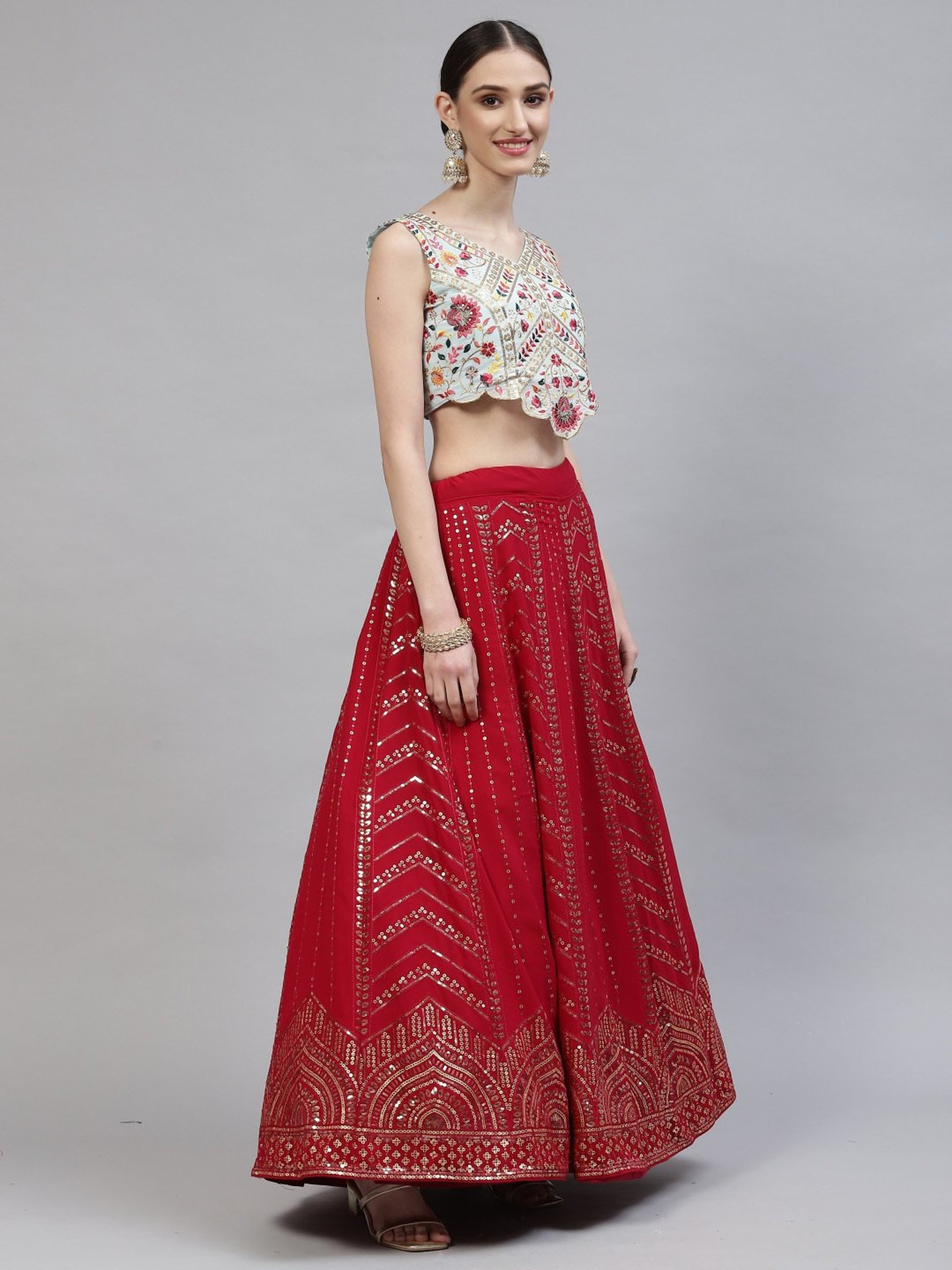SHUBHKALA Red Embellished Lehenga and Choli Set With Dupatta