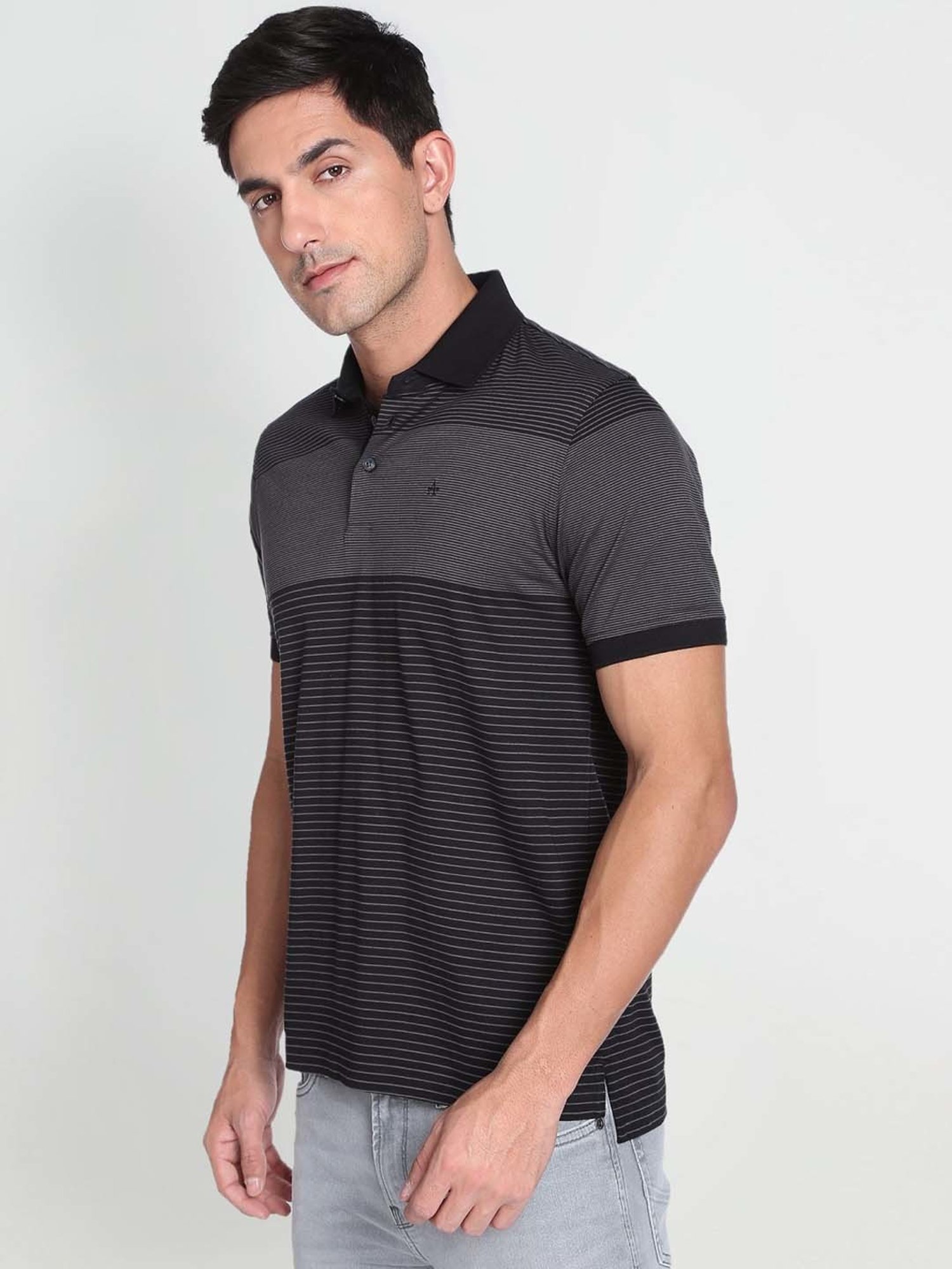 Arrow Black Cotton Regular Fit Striped Polo T-Shirt