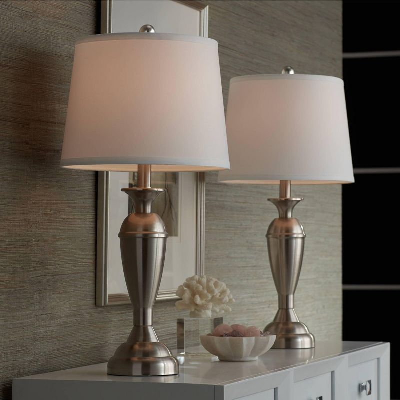 Regency Hill Modern Table Lamps Set of 2 Brushed Steel Metal White Drum Shade for Living Room Family Bedroom Bedside Nightstand