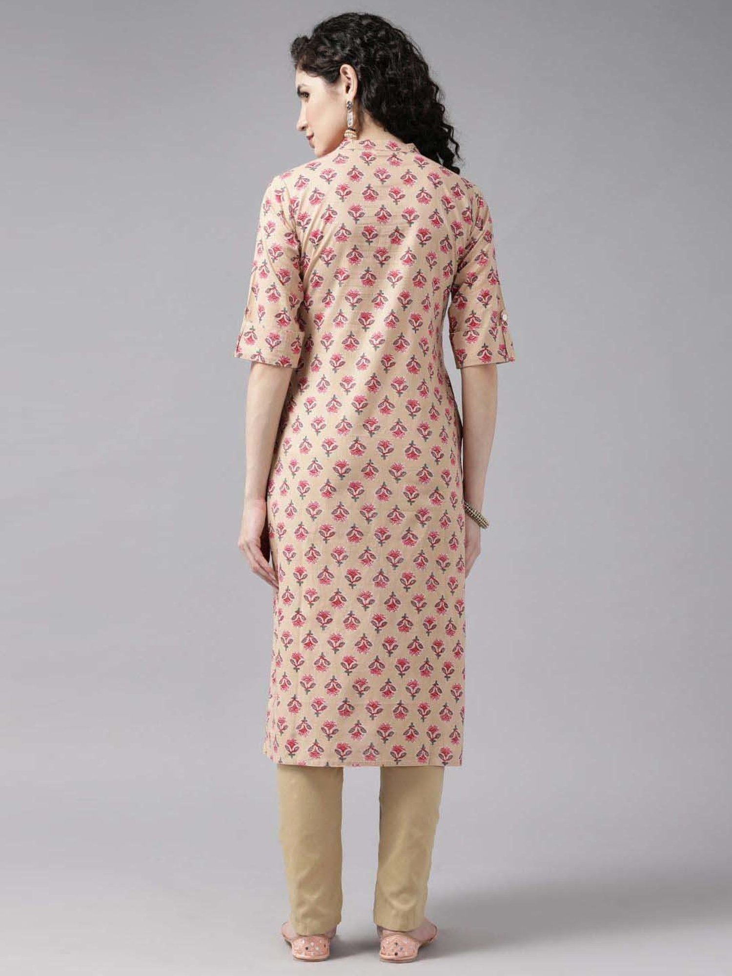 Cayman Beige Cotton Floral Print Straight Kurta