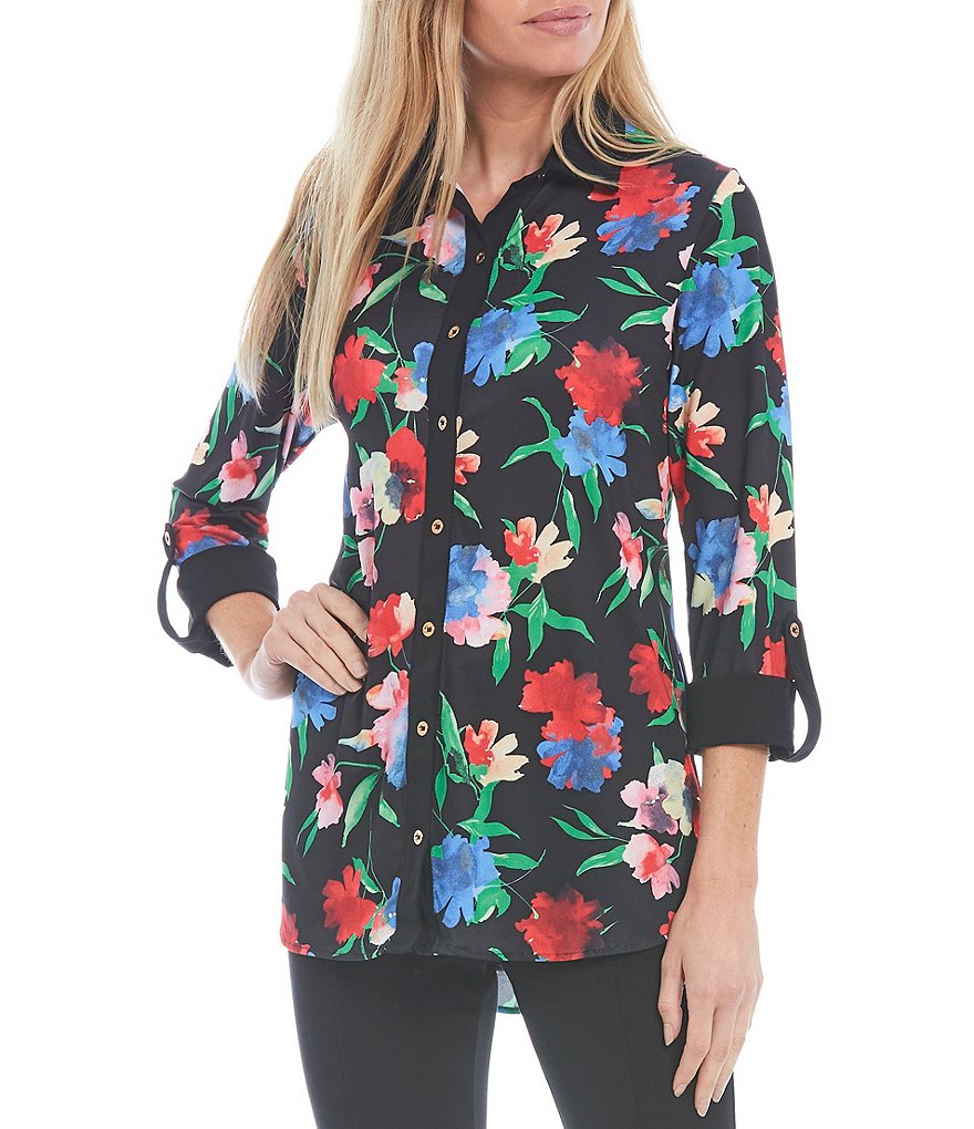 Calessa Petite Size Matte Jersey Knit Button Front Roll Tab Blouse