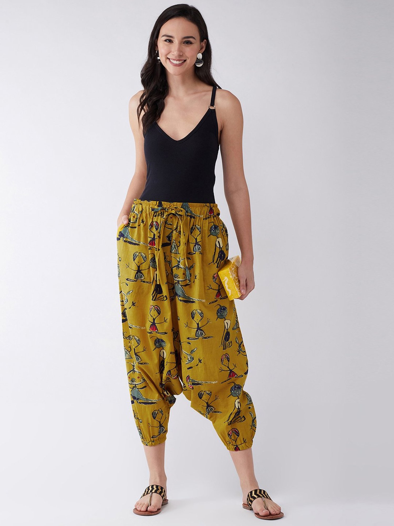 Inweave Mustard Cotton Printed Dhoti Pants