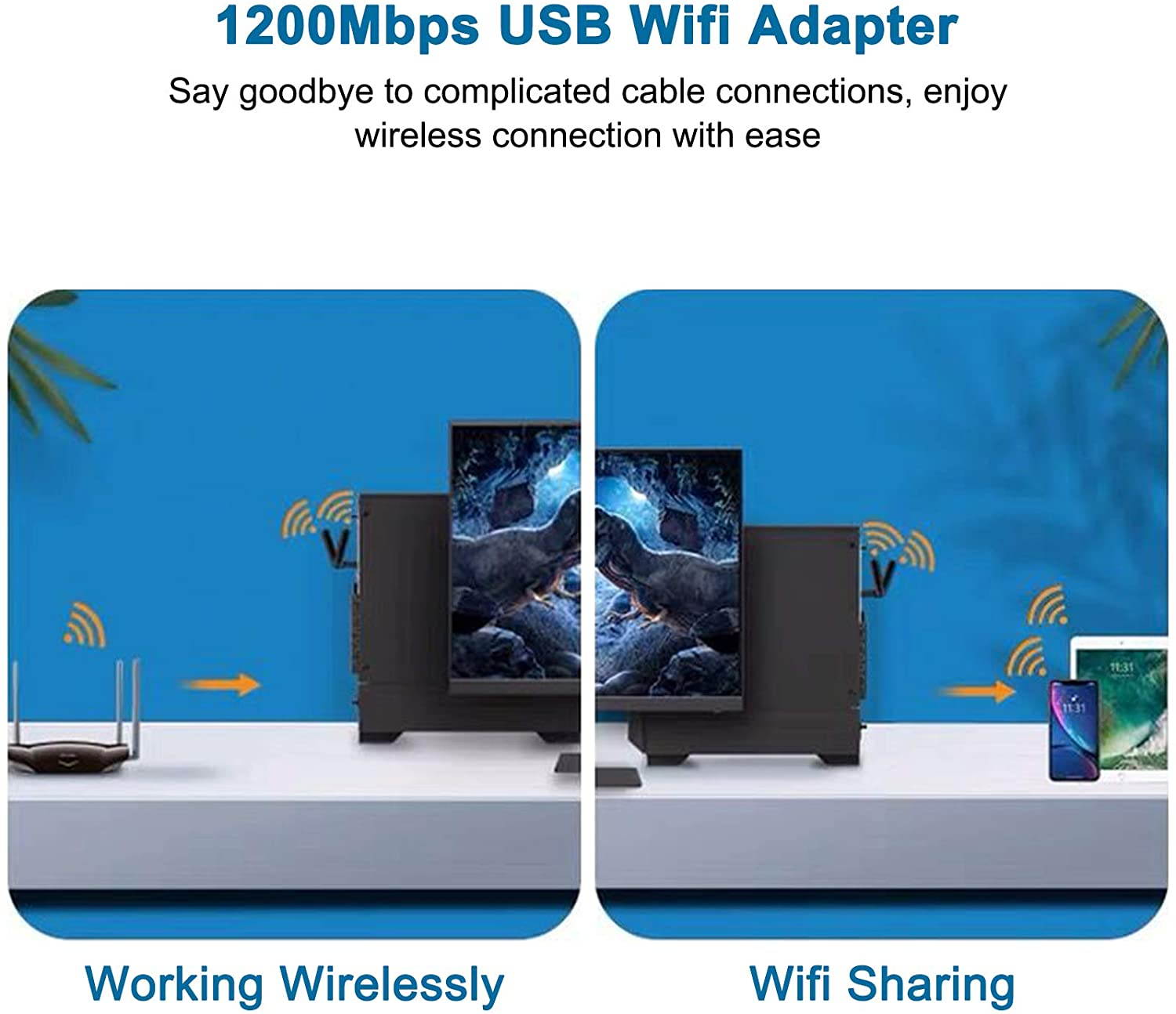 USB WiFi Adapter 1200Mbps Wireless Internet Adapter USB 3.0 WiFi Dongle for PC 802.11AC with 3dBi High Gain Antenna Support Linux Mac OS 10.9~10.15 Windows 10/8.1/8/7/ XP System, Easy to Use