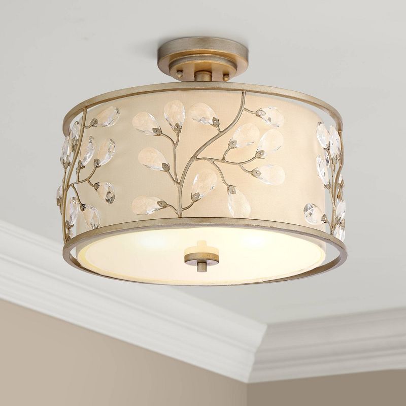 Barnes and Ivy Modern Ceiling Light Semi Flush Mount Fixture Crystal Buds Antique Silver 16" Wide Beige Fabric Drum for Bedroom