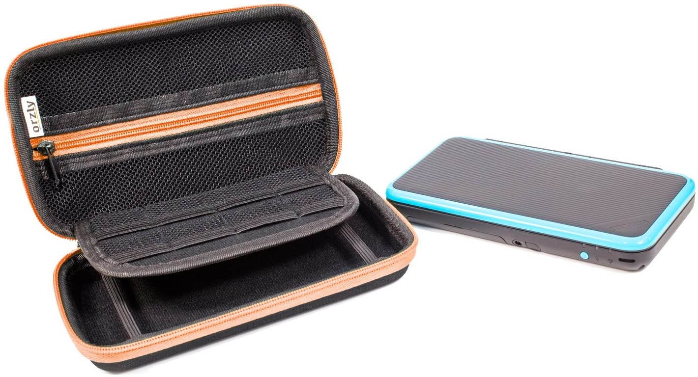 2DS XL Case, Orzly Carry Case for New Nintendo 2DS XL - Protective Hard Shell Portable Travel Case Pouch for New 2DS XL Console with Slots for Games & Zip Pocket - Orange on Black
