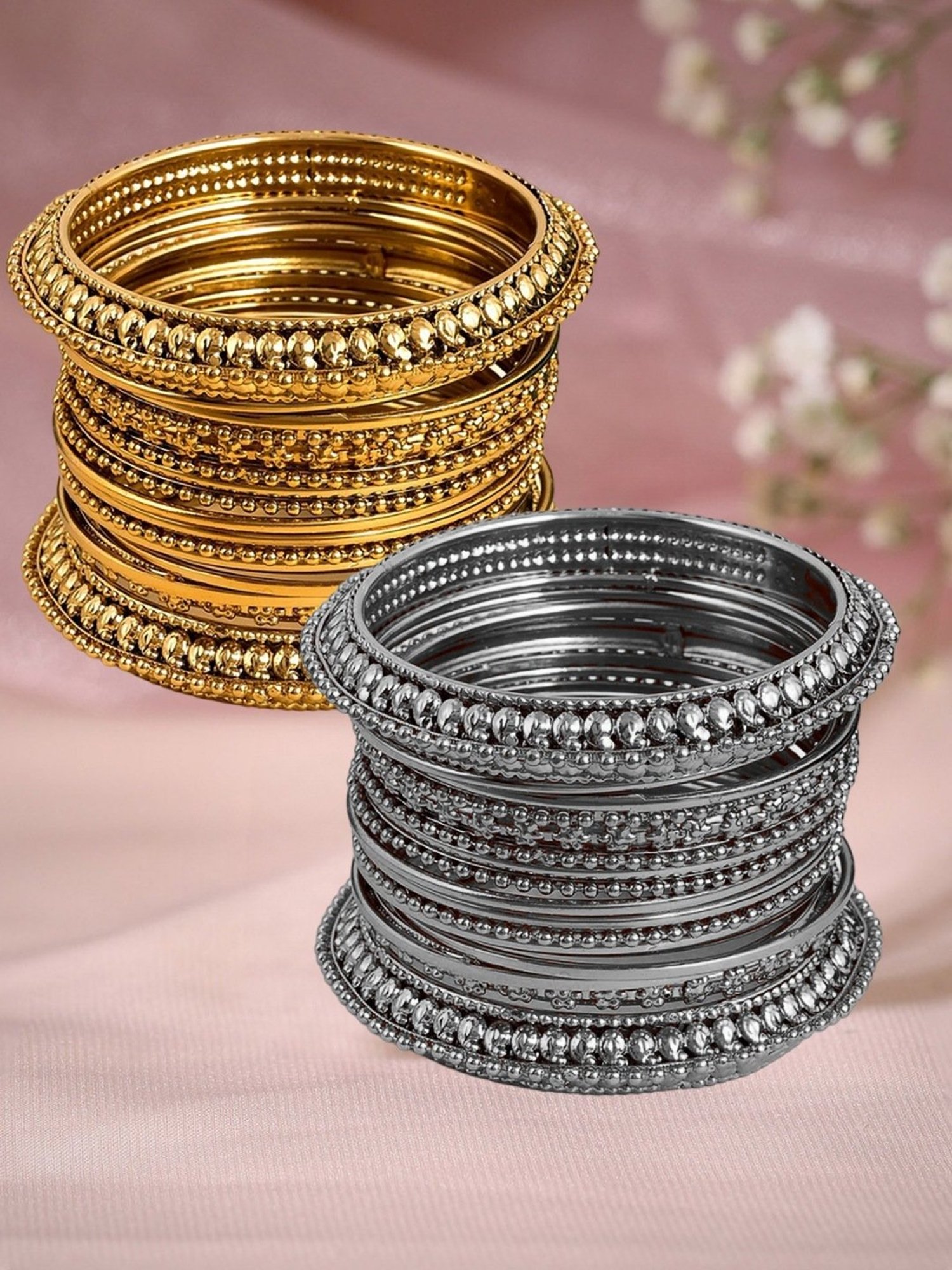 Oomph Antique Gold & Oxidized Silver Bangles - Set of 32