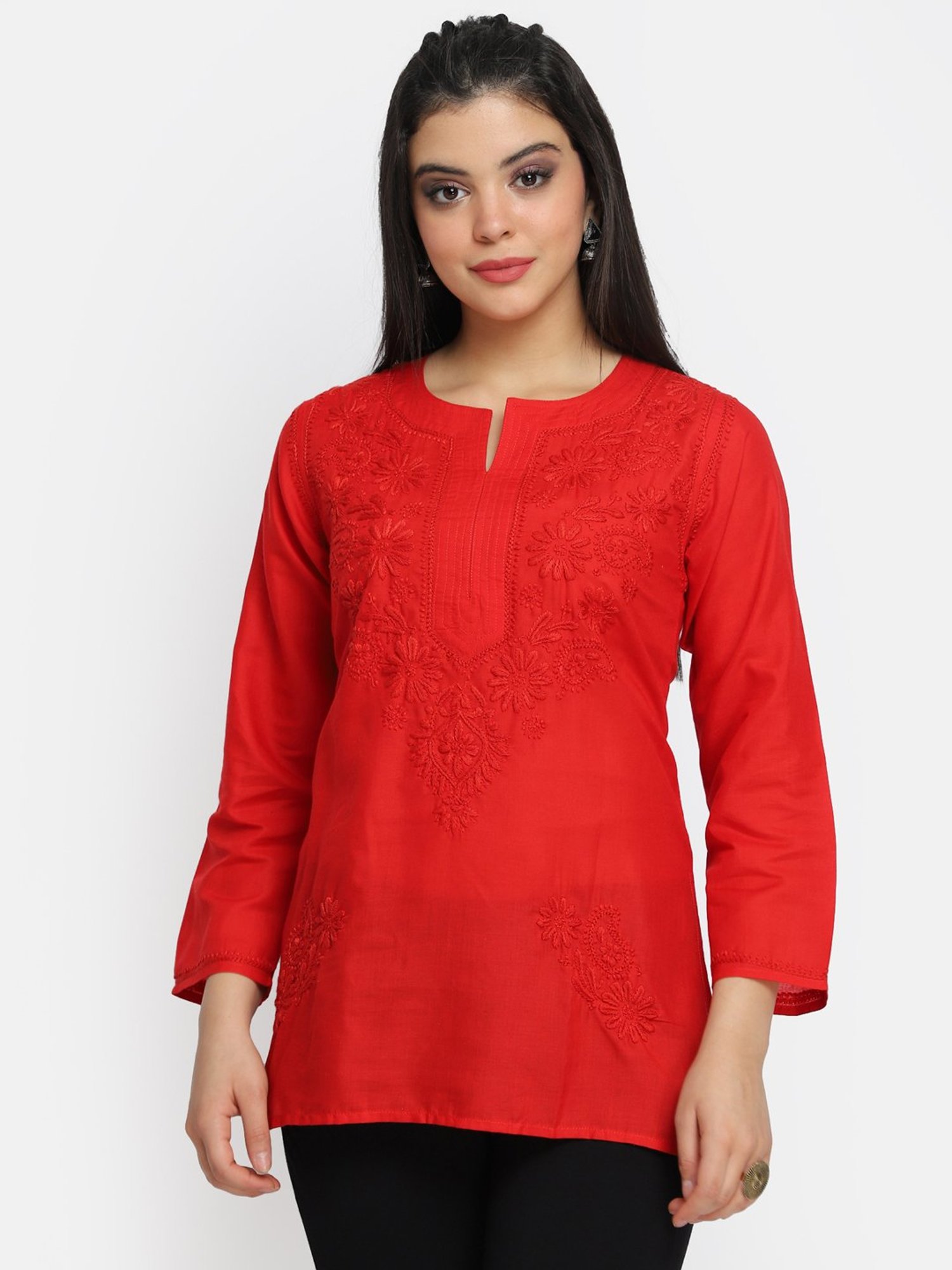PARAMOUNT CHIKAN Red Cotton Chikankari Straight Short Kurti