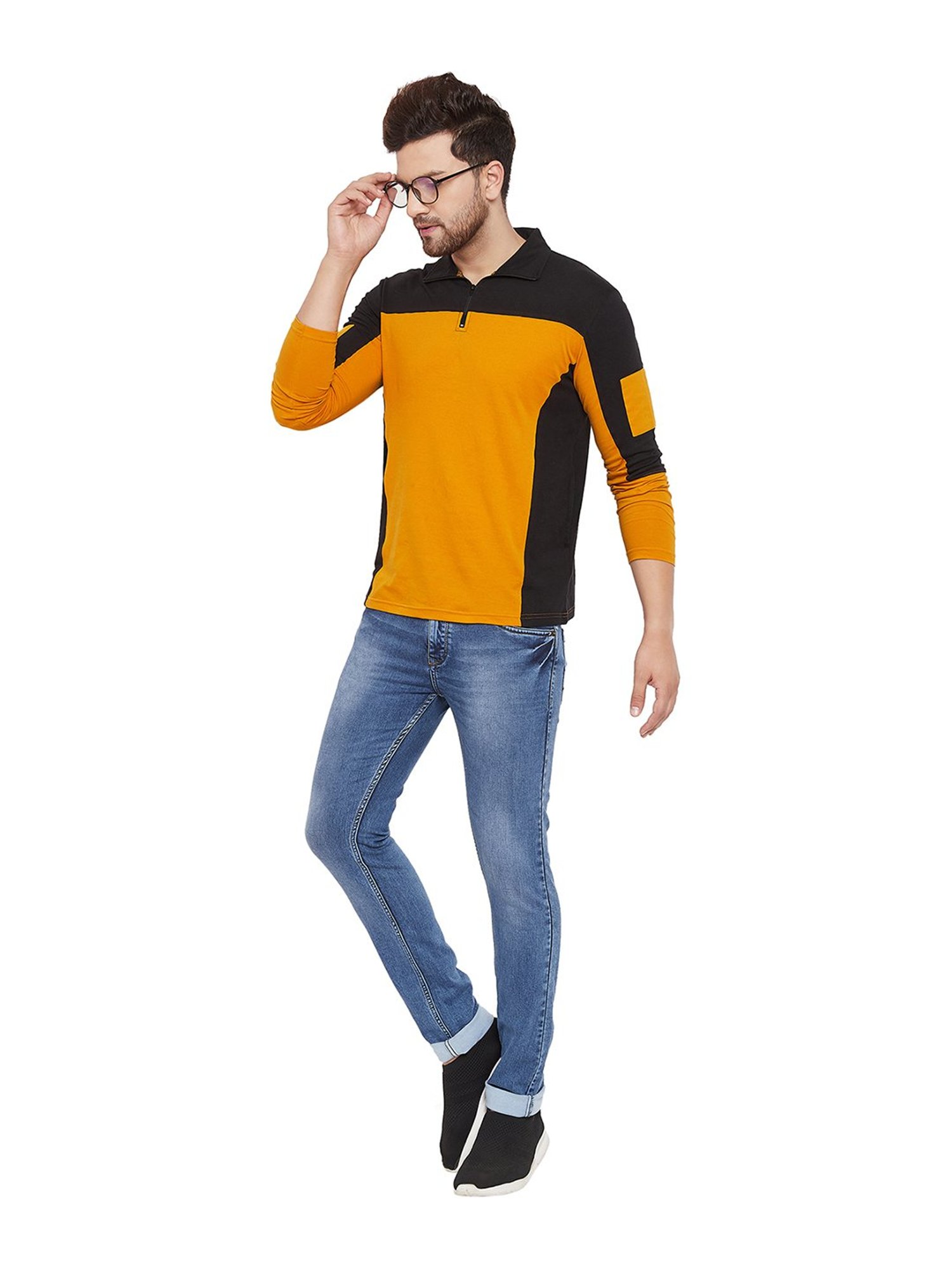 Hypernation Yellow & Black Cotton Regular Fit Color Block Polo T-Shirt