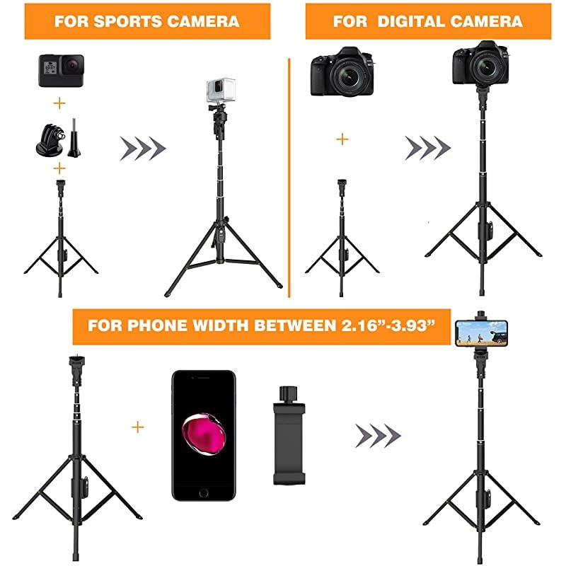 Stick Tripod, 52" Extendable Phone Camera Stick with Tripod Stand & Wireless Remote for Smart Phones, GoPro etc