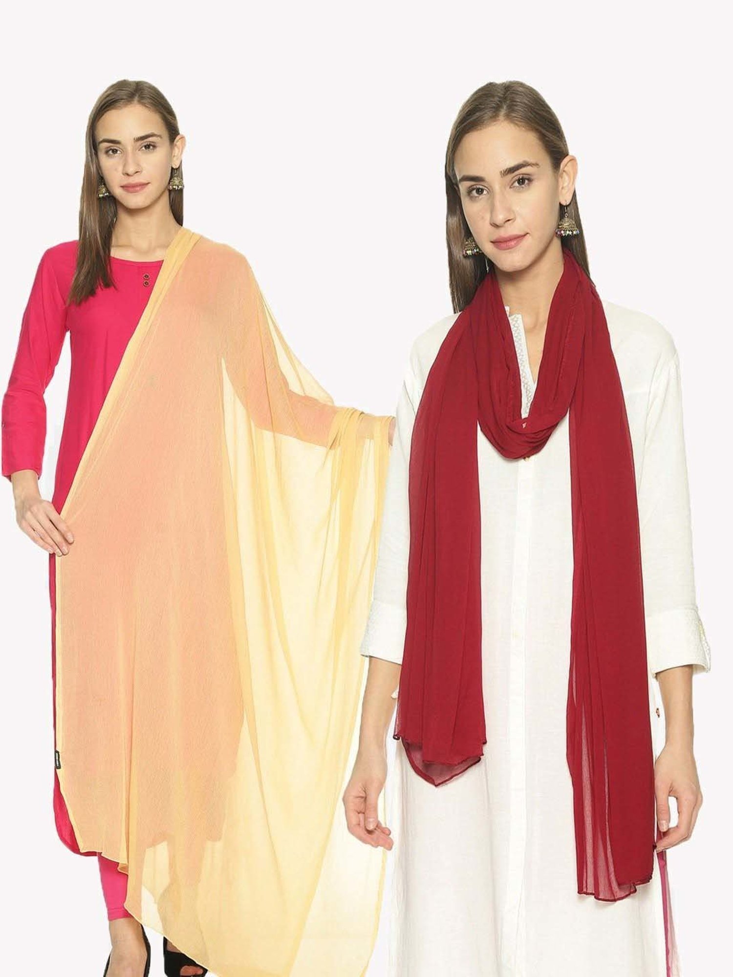 TWIN BIRDS Maroon & Beige Plain Dupatta - Pack Of 2