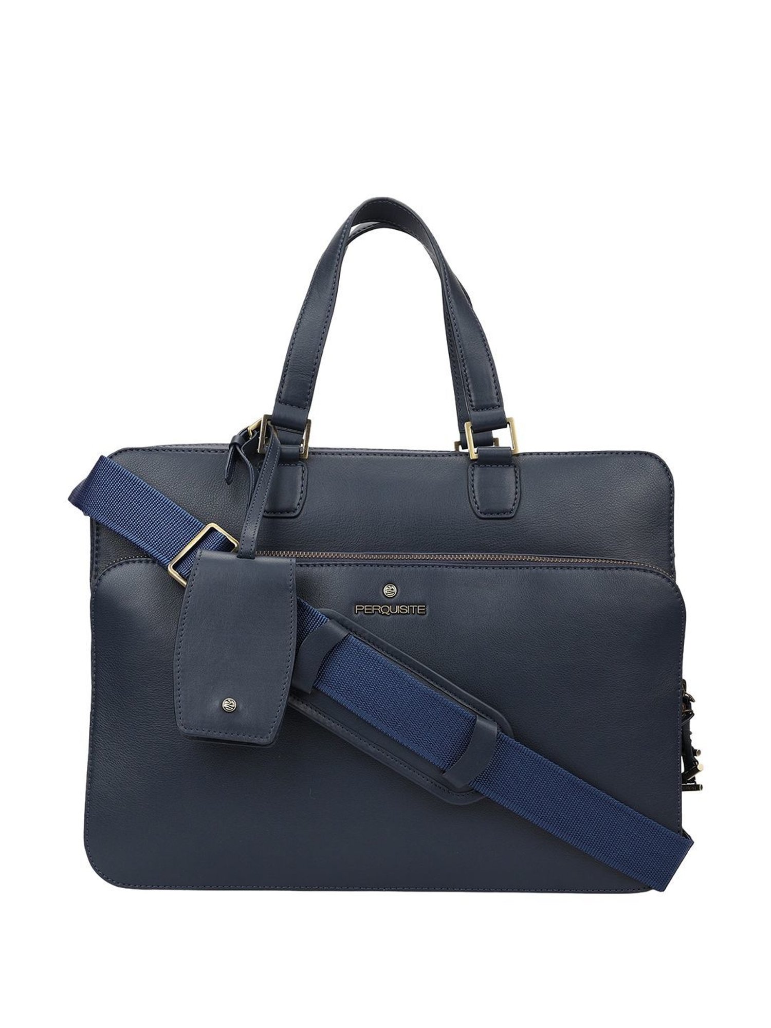 PERQUISITE WARREN Navy Leather Medium Messenger Bag