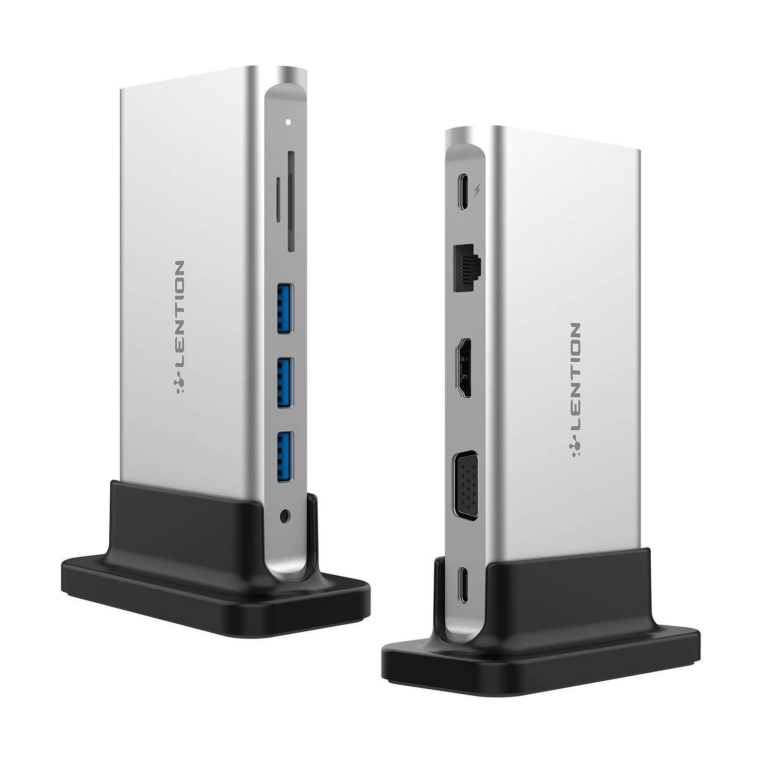 LENTION USB-C Portable Docking Station with 4K HDMI & VGA Dual-Display, Gigabit Ethernet, Card Reader, Aux Adapter, USB 3.0, Power Delivery for MacBook Air/Pro (Thunderbolt 3), More (Silver)