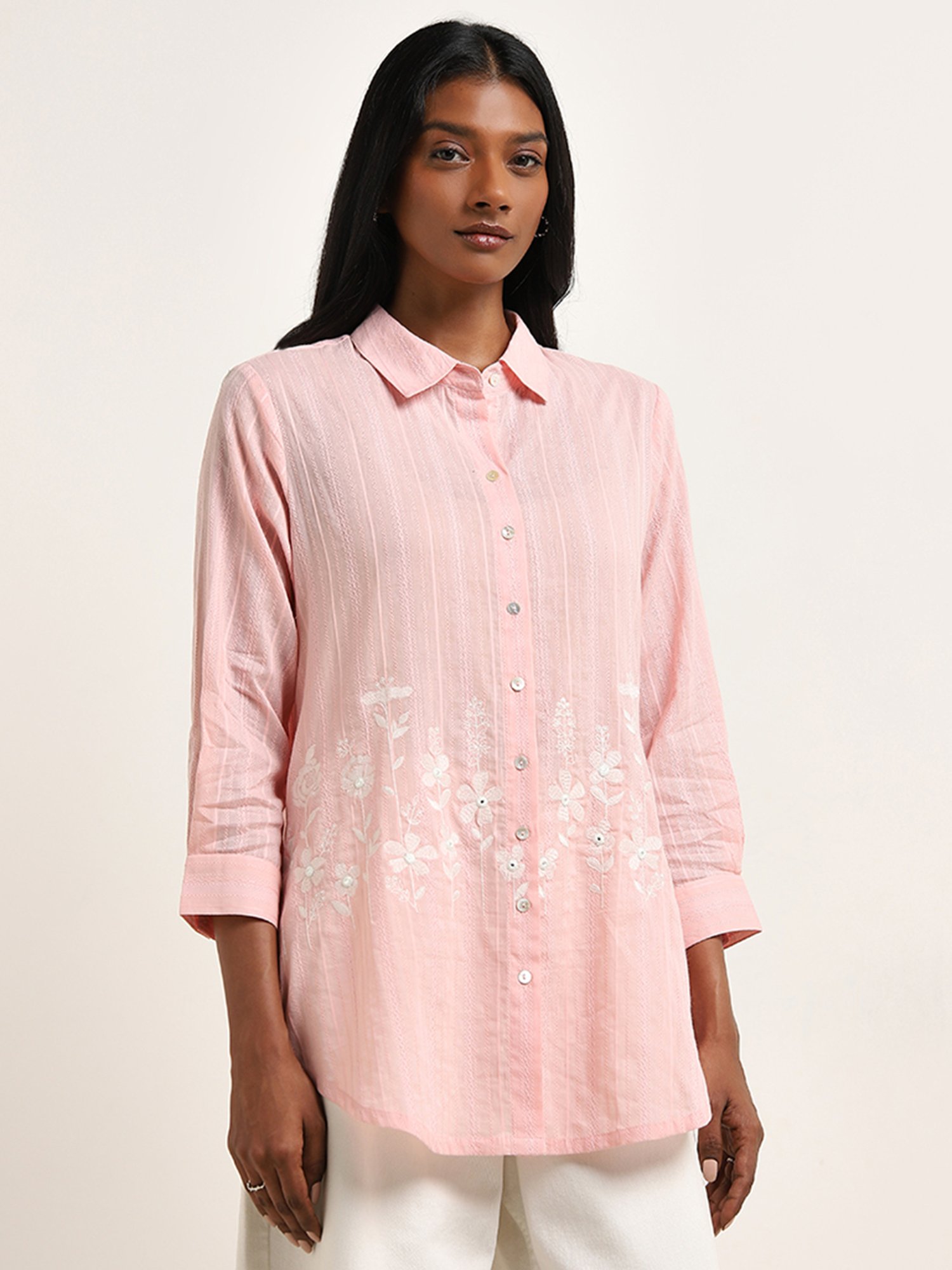 Utsa by Westside Light Pink Floral Embroidered Cotton Tunic