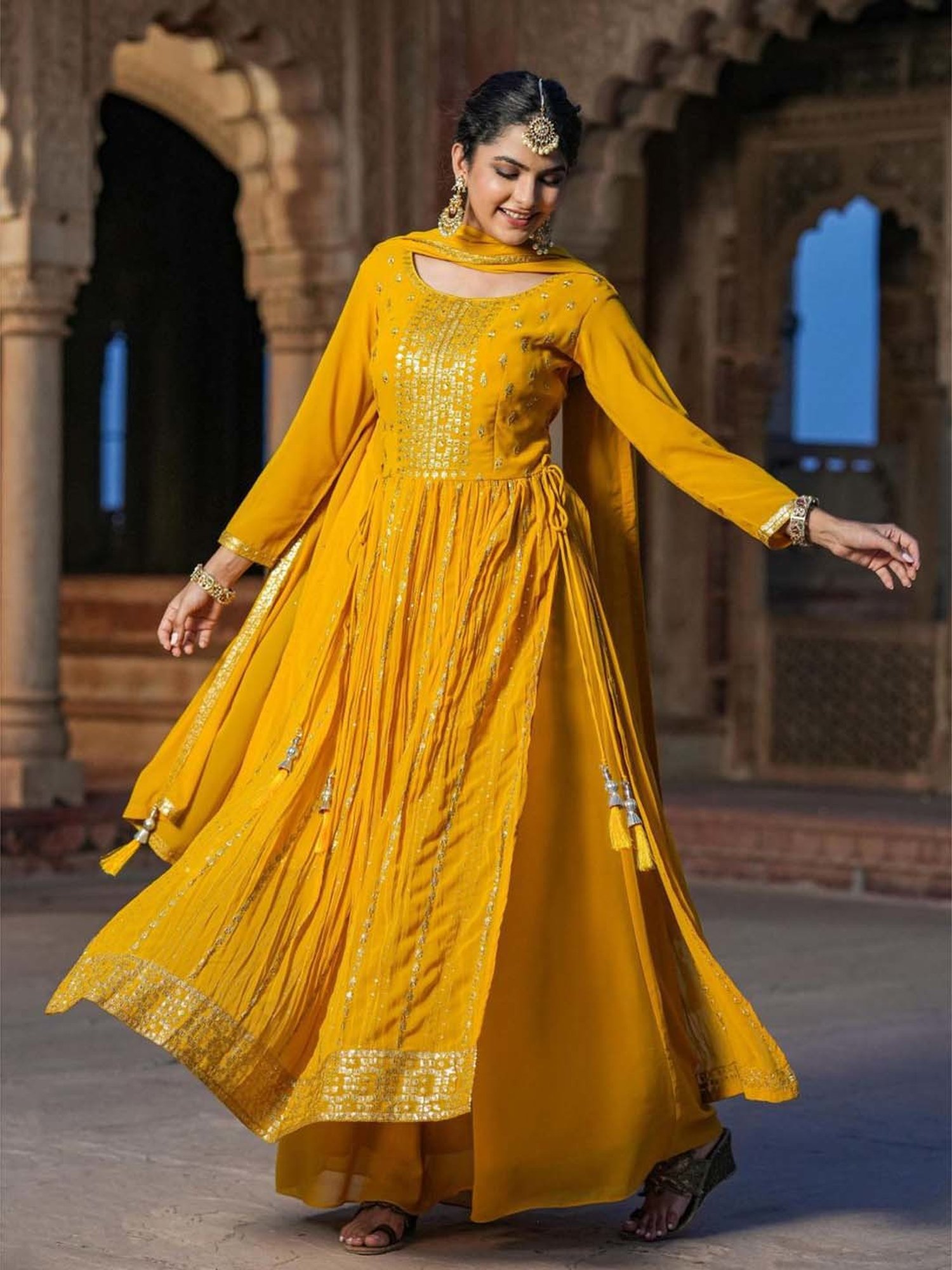 SCAKHI Yellow Embroidered Kurta Palazzo Set With Dupatta