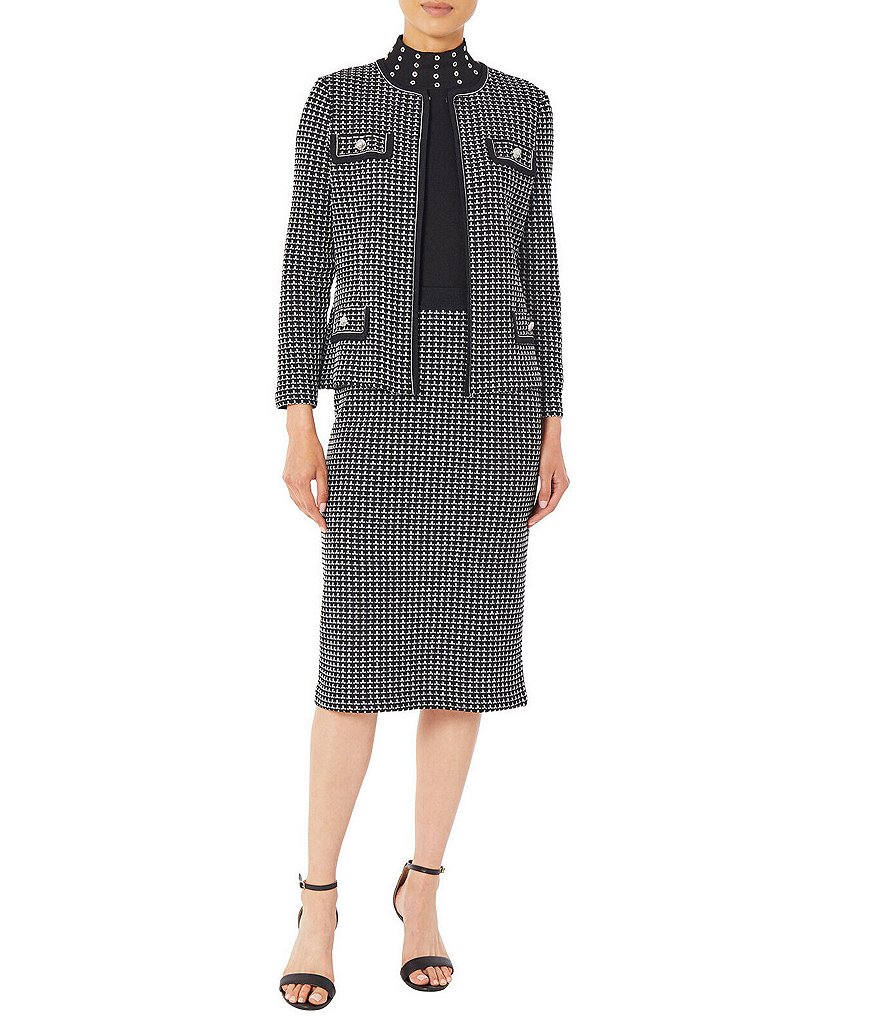 Ming Wang Contrast Grid Pattern Knit Round Neck Jacket