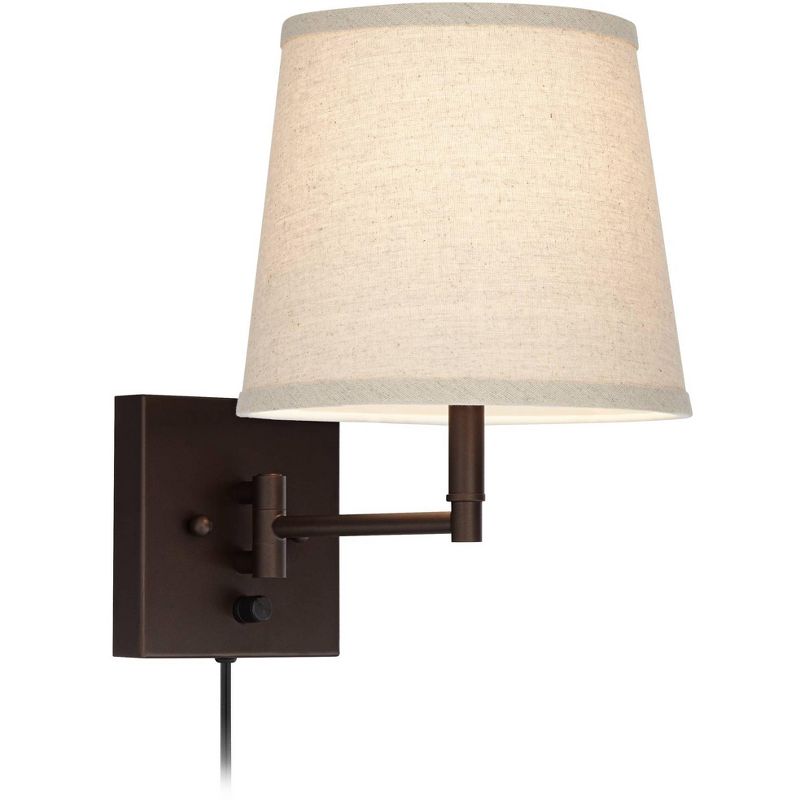 Barnes and Ivy Modern Swing Arm Wall Lamp Antique Brass Plug-In Light Fixture Taupe Fabric Bell Shade Bedroom Living Room Reading