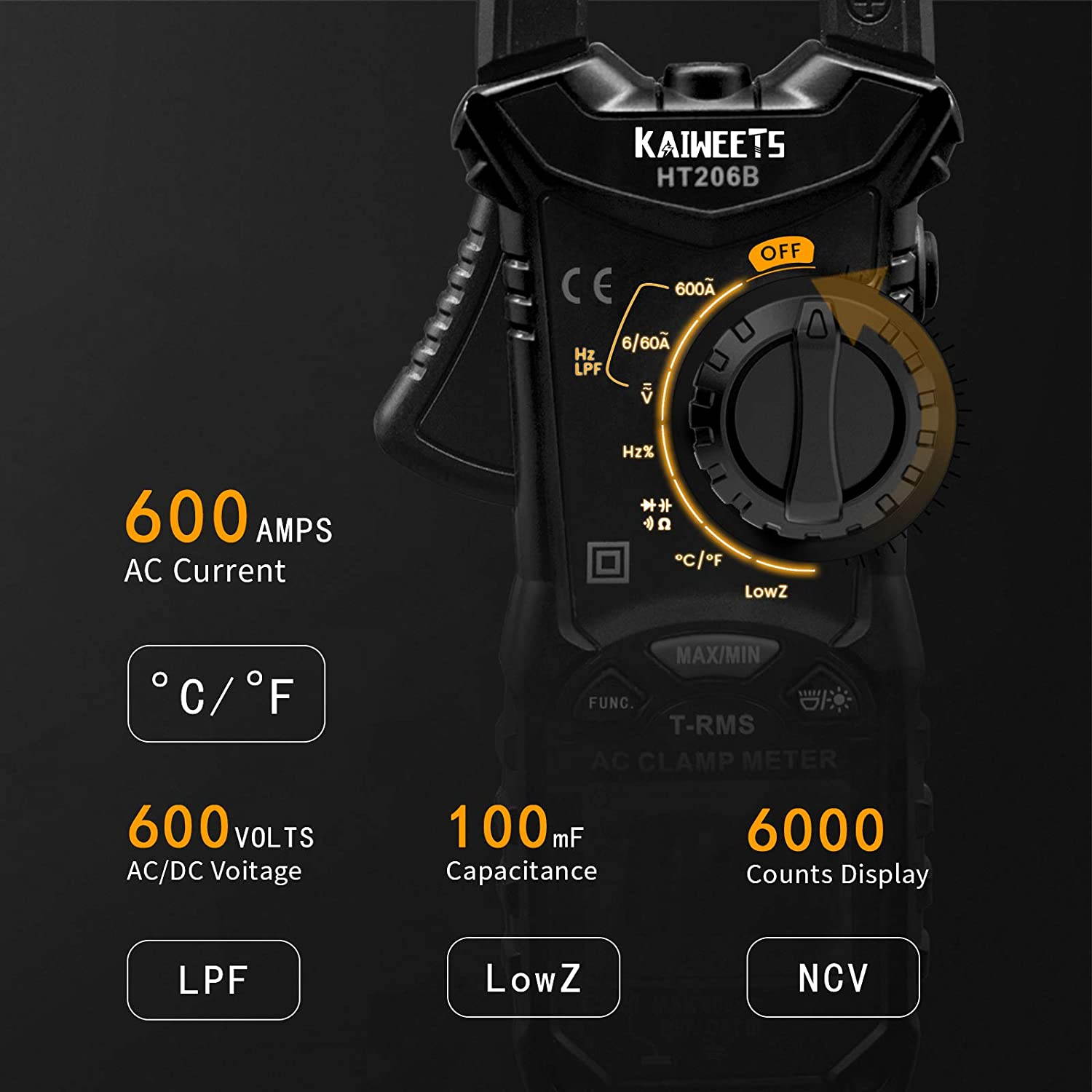 Clamp Meter HT206B 6000 Counts, 600A AC Ampere Meter, NCV 600V AC/DC Voltage Mesure, with LCD Backlit, Capacitance, Battery, Continuity, Resistance, Diodes, Temperture, Duty, Frequency Test