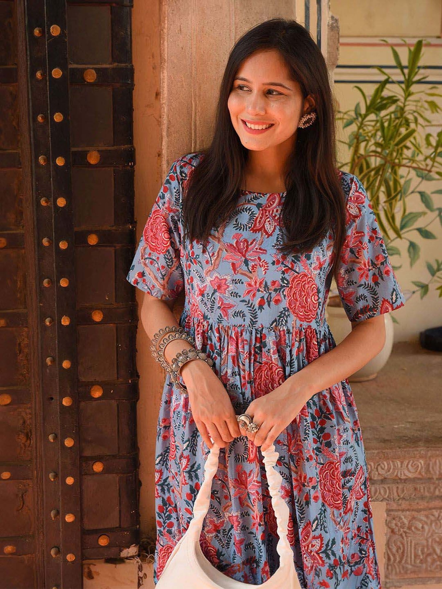 Janasya Blue Cotton Floral Print A-Line Dress