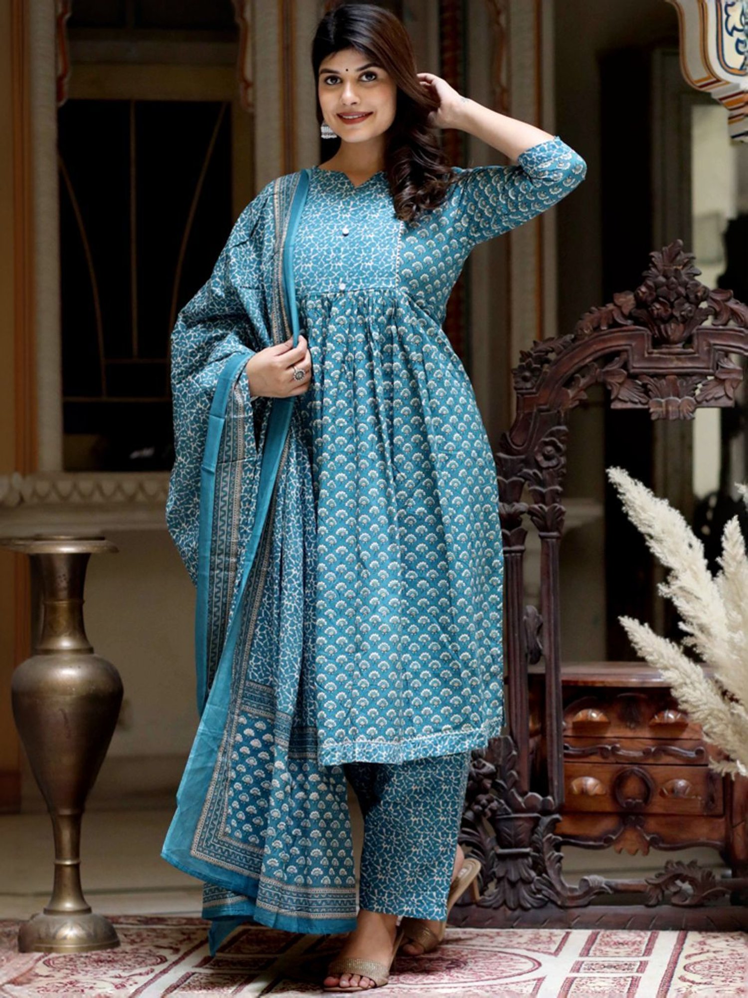Miravan Blue Cotton Floral Print Kurta Palazzo Set With Dupatta