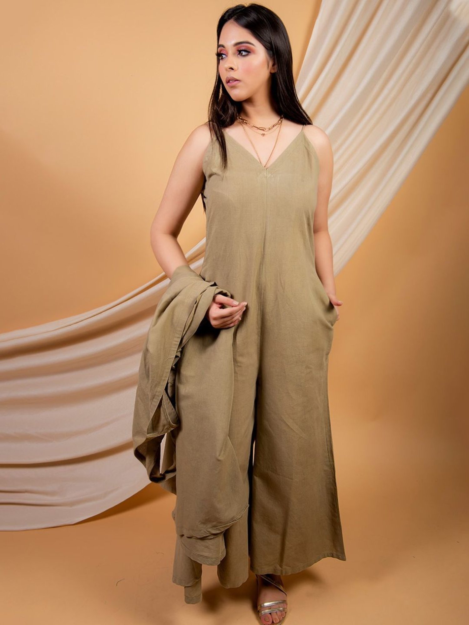 Priya Chaudhary Olive Green Umber Solid Jumpsuit In Cotton Linen Fabric and a Sleeveless Over Wear