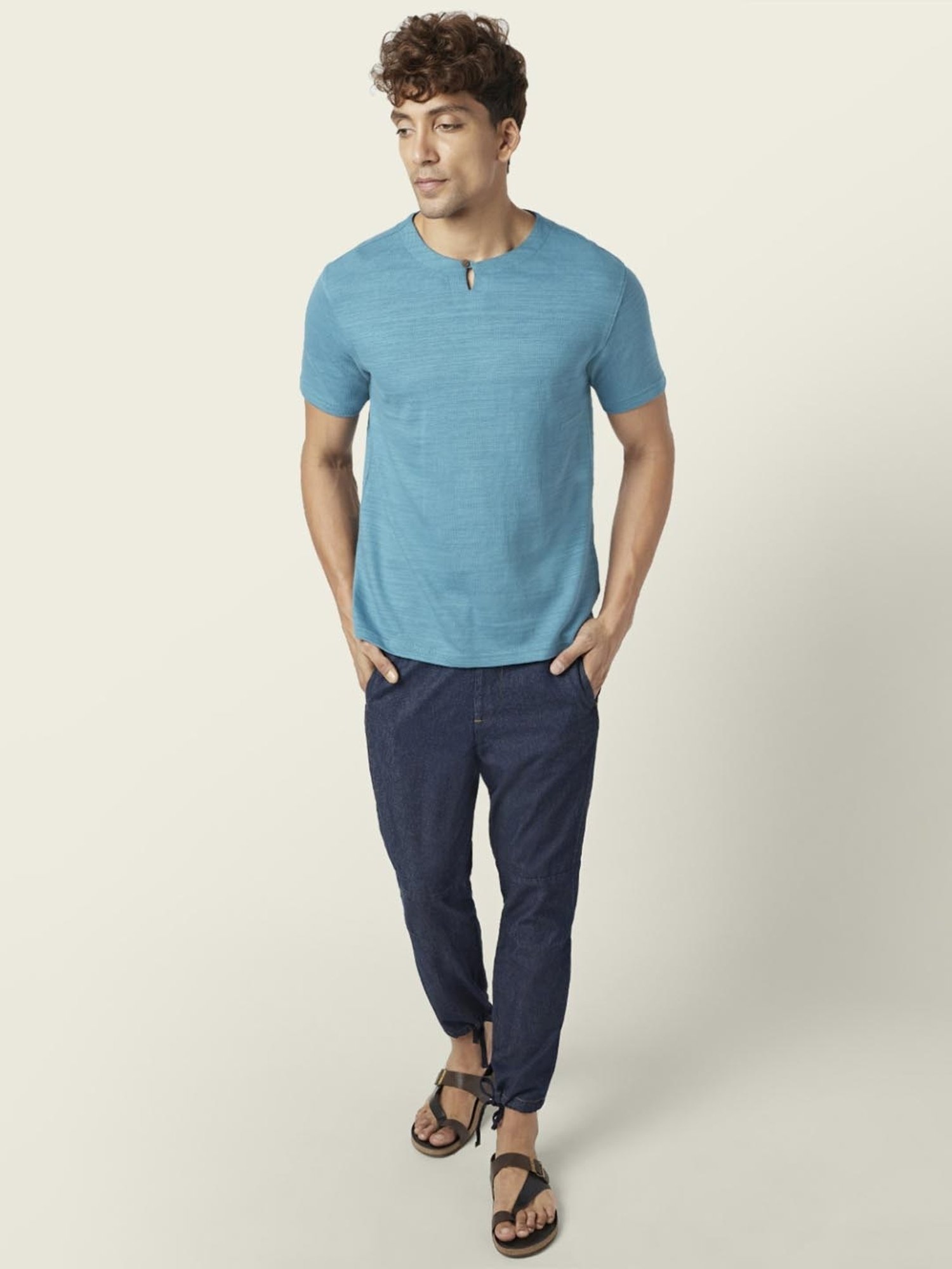 7 Alt by Pantaloons Dull Blue Cotton Relaxed Fit Polo T-Shirt