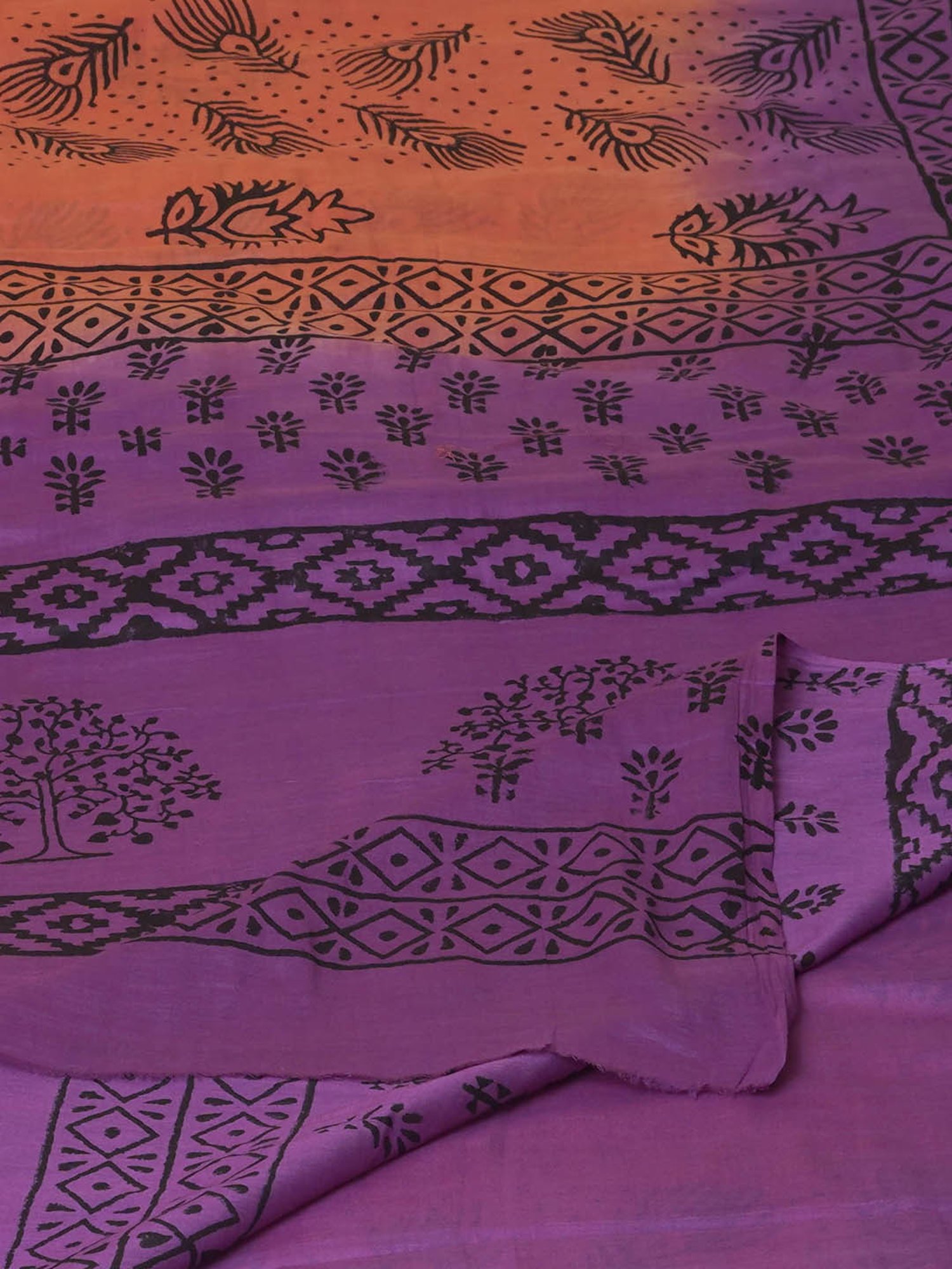 Unnati Silks Peach & Purple Cotton Printed Saree With Unstitched Blouse