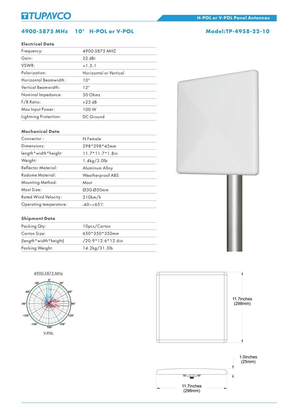 WiFi Panel Antenna - Tupavco TP544 - 5Ghz - 22dBi - 5Ghz-5.8GHz Wide Range (4900MHz-5850MHz) - Outdoor - Directional Wireless Antenna