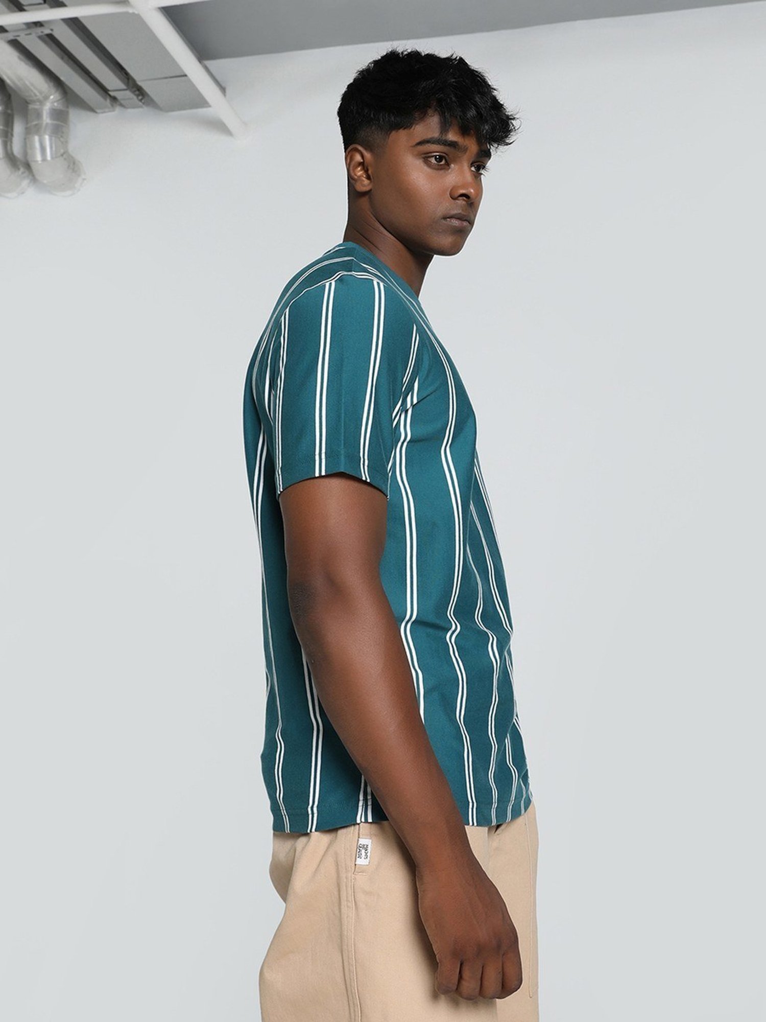 Puma Sports Club Green Cotton Regular Fit Striped T-Shirt