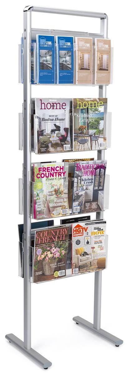 Double Sided Brochure or Magazine Stand, 8 Shelves, Dividers Included (Silver Aluminum) (BRFS4XDBL)