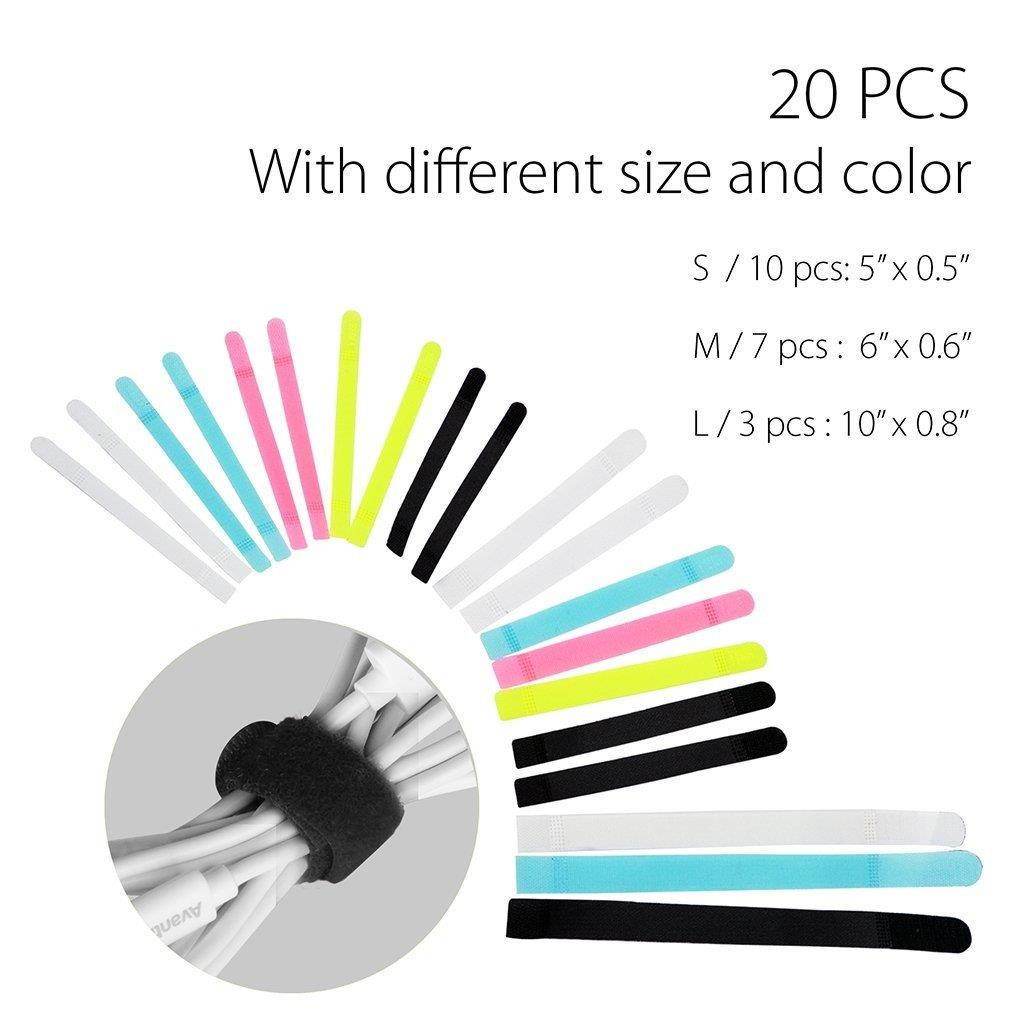 Avantree Pack of 20 Reusable Cord Organizer Keeper Holder, Fastening Cable Ties Straps for Earbud Headphones Phones Wire Wrap Management, Assorted 3 Size and 5 Color