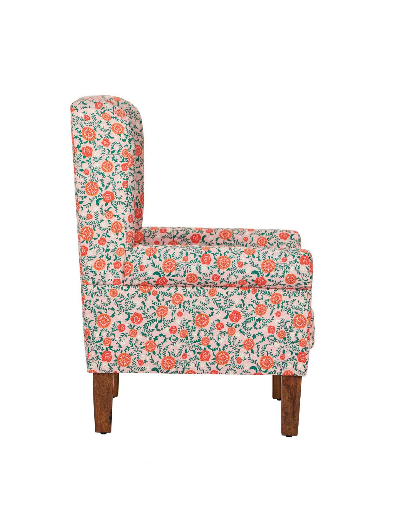 Chumbak Earthy Floral Red Sheesham Wood Begum Wing Chair