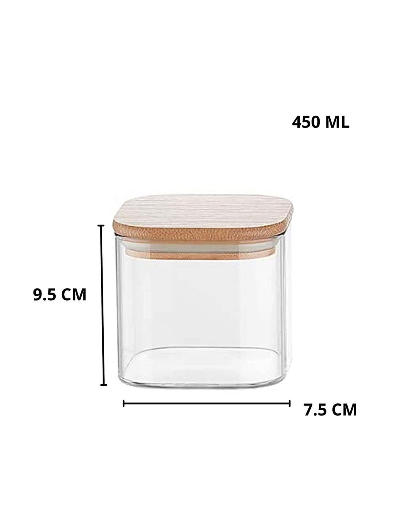 Femora Borosilicate Glass Bamboo Lid Air Tight Jar - 450 ml, Set of - 4