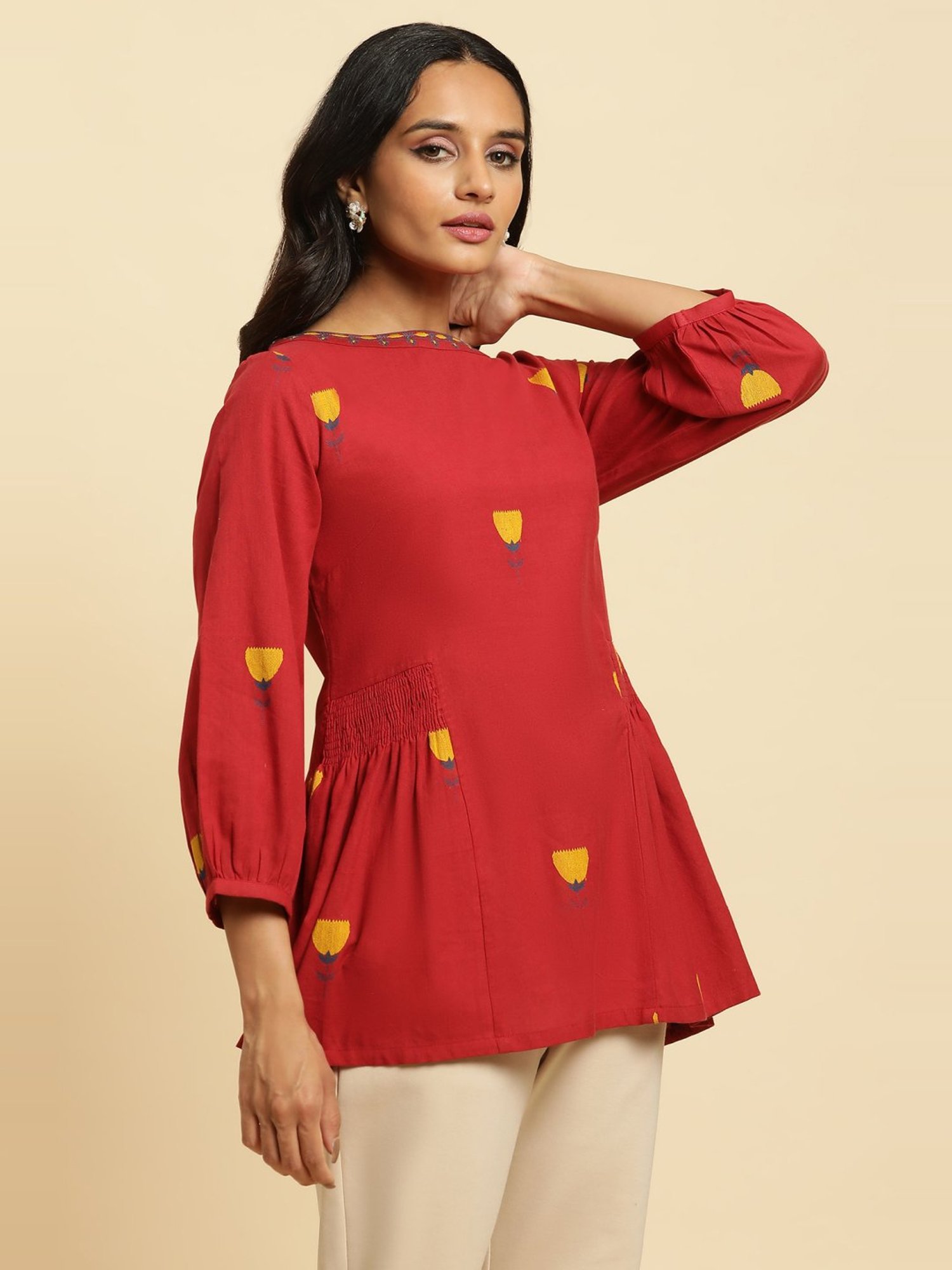 W Red Cotton Embroidered Top