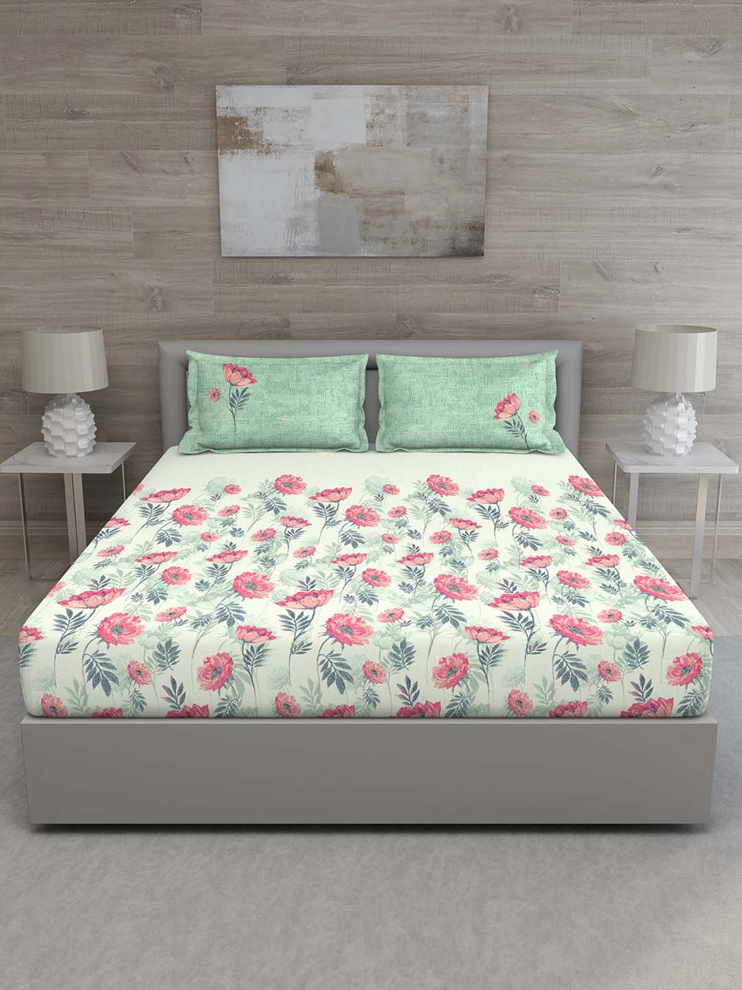 GM Light Green & Pink 100% Cotton 144 TC Queen Bedsheet Set