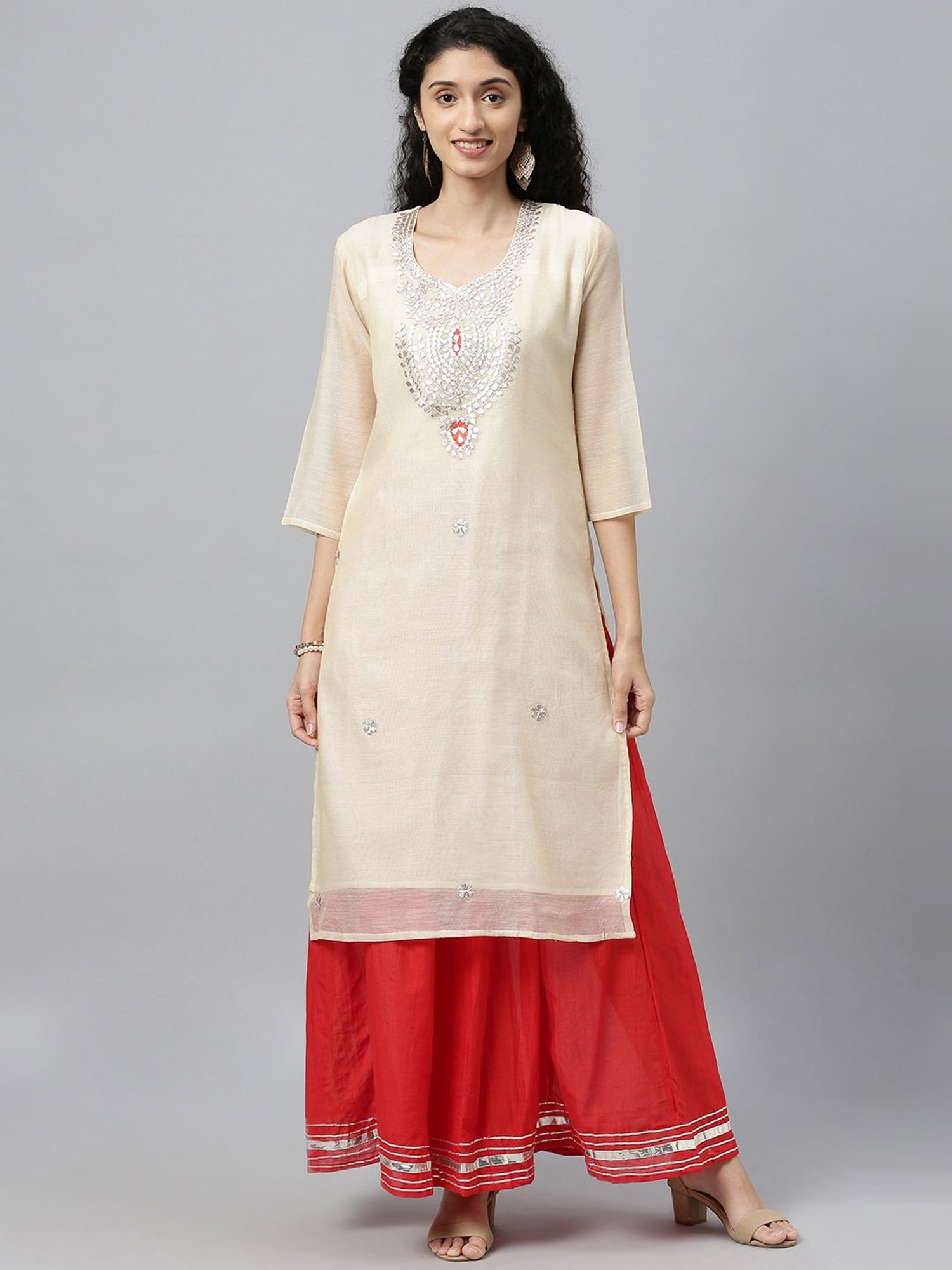 Geroo Jaipur Beige Hand Embroidered Chanderi Silk Kurta with Red Palazzo