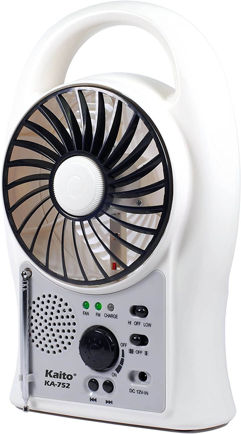 Kaito Portable Electric Fan 3-in-1 KA752 Rechargeable 5" 2-Speed Battery-Powered Personal Fan with Scan FM Radio & 24-LED Camping Lantern