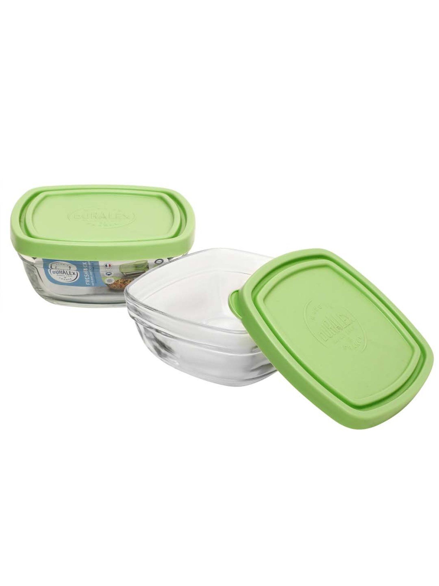 Duralex 'Freshbox' Transparent & Green Glass 11 cm Container With Lid (0.3 L) - Set of 2