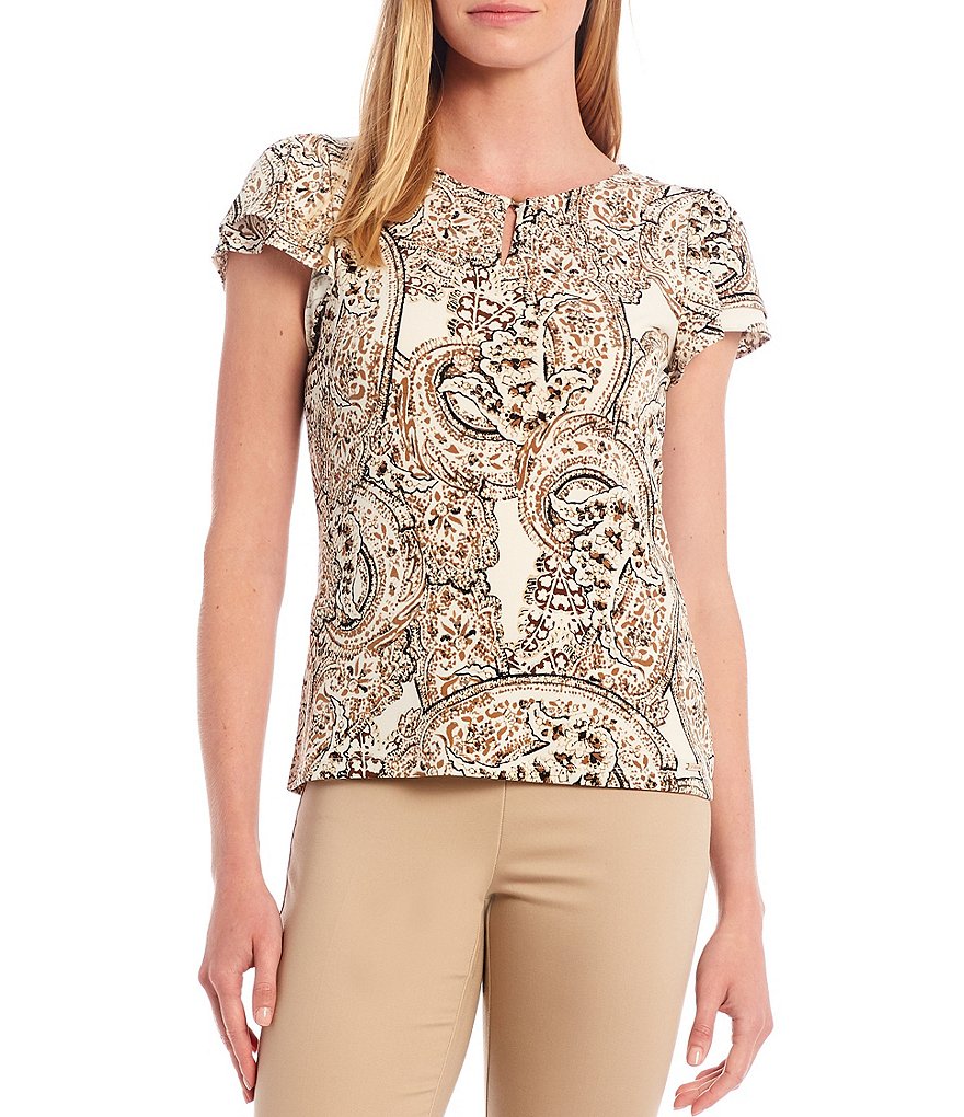 Preston & York Caroline Bow Woven V-Neck 3/4 Sleeve Blouse