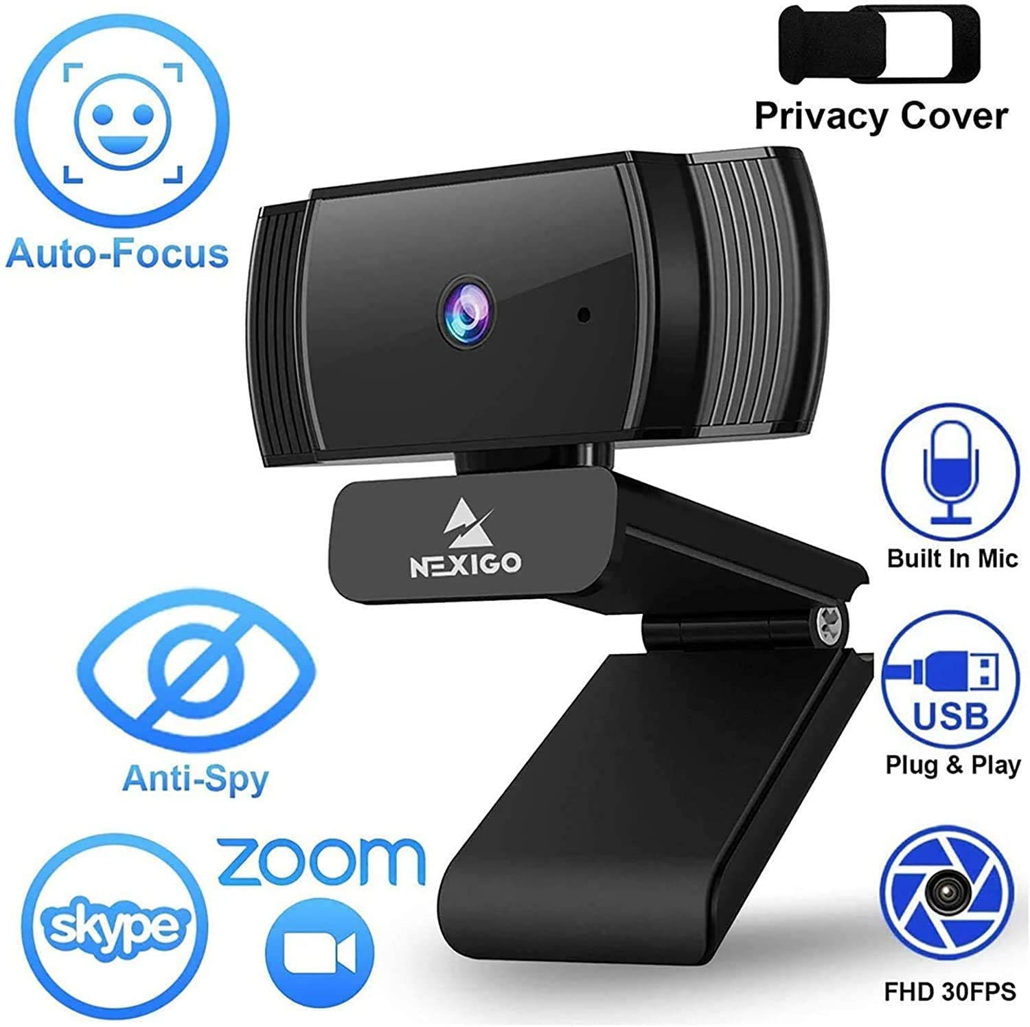 2021 AutoFocus 1080p Webcam with Stereo Microphone and Privacy Cover, NexiGo N930AF FHD USB Web Camera, for Streaming Online Class, Compatible with Zoom/Skype/Facetime/Teams, PC Mac Laptop Desktop
