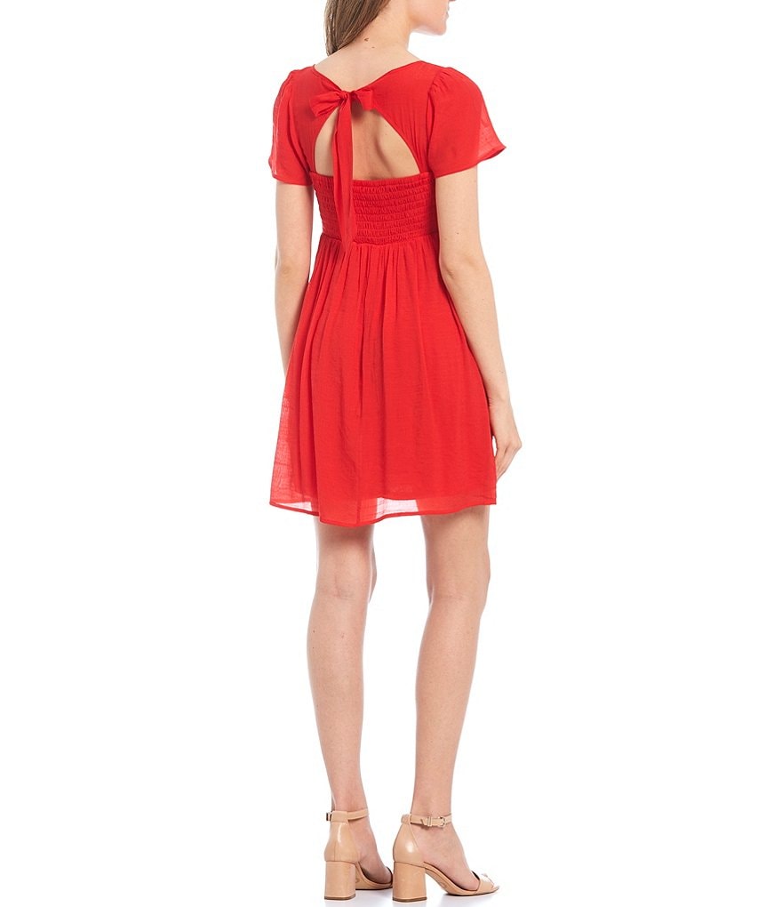 I.N. San Francisco Short-Sleeve Tie-Back Smocked Top Dress